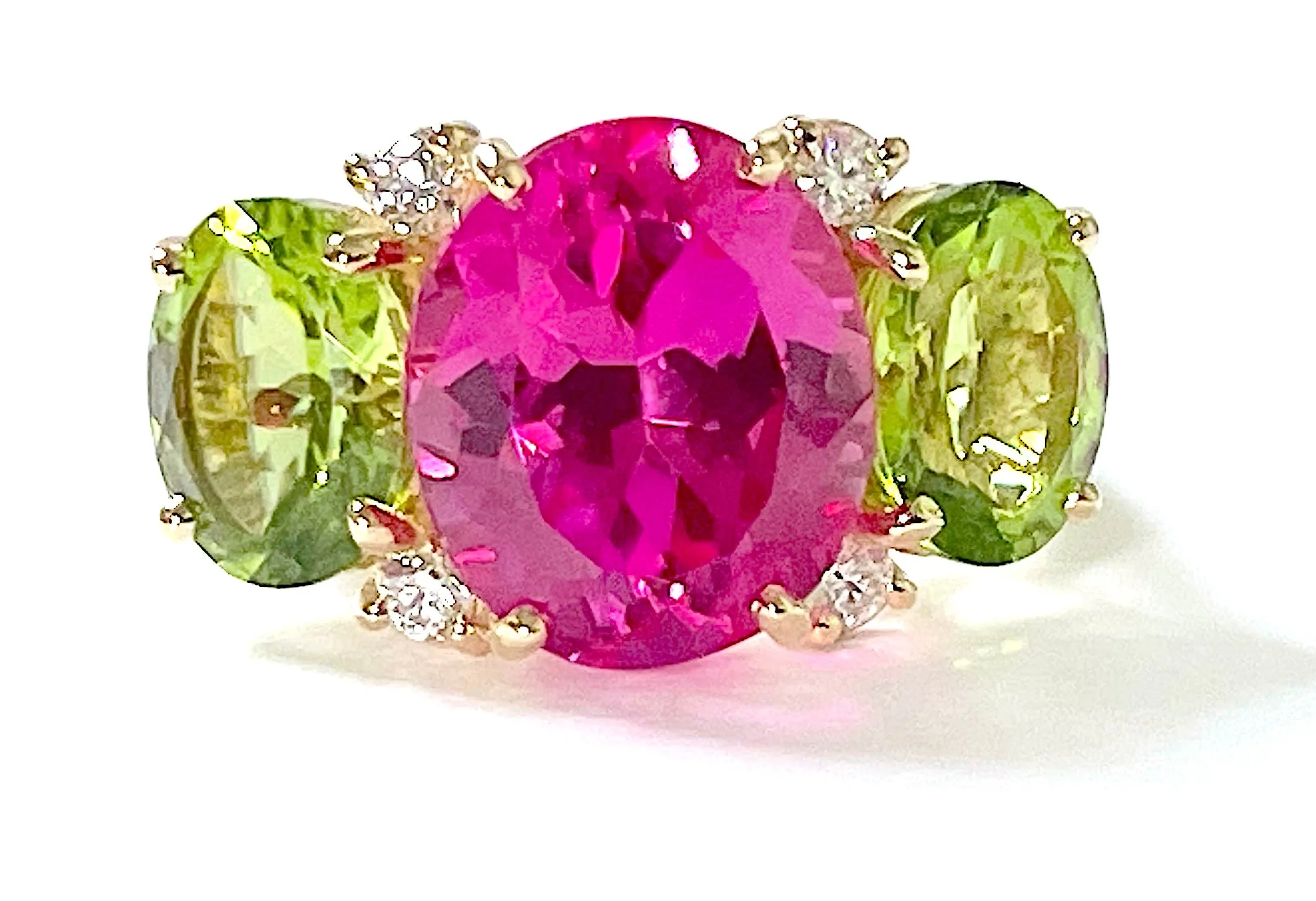 Elegant Three-Stone Drop Earring with Peridot, Pink Topaz, Baroque Pear and Diamonds