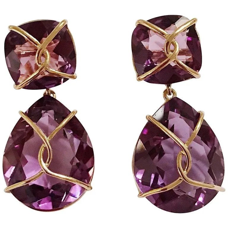 Elegant Three-Stone Drop Earring with Peridot, Pink Topaz, Baroque Pear and Diamonds