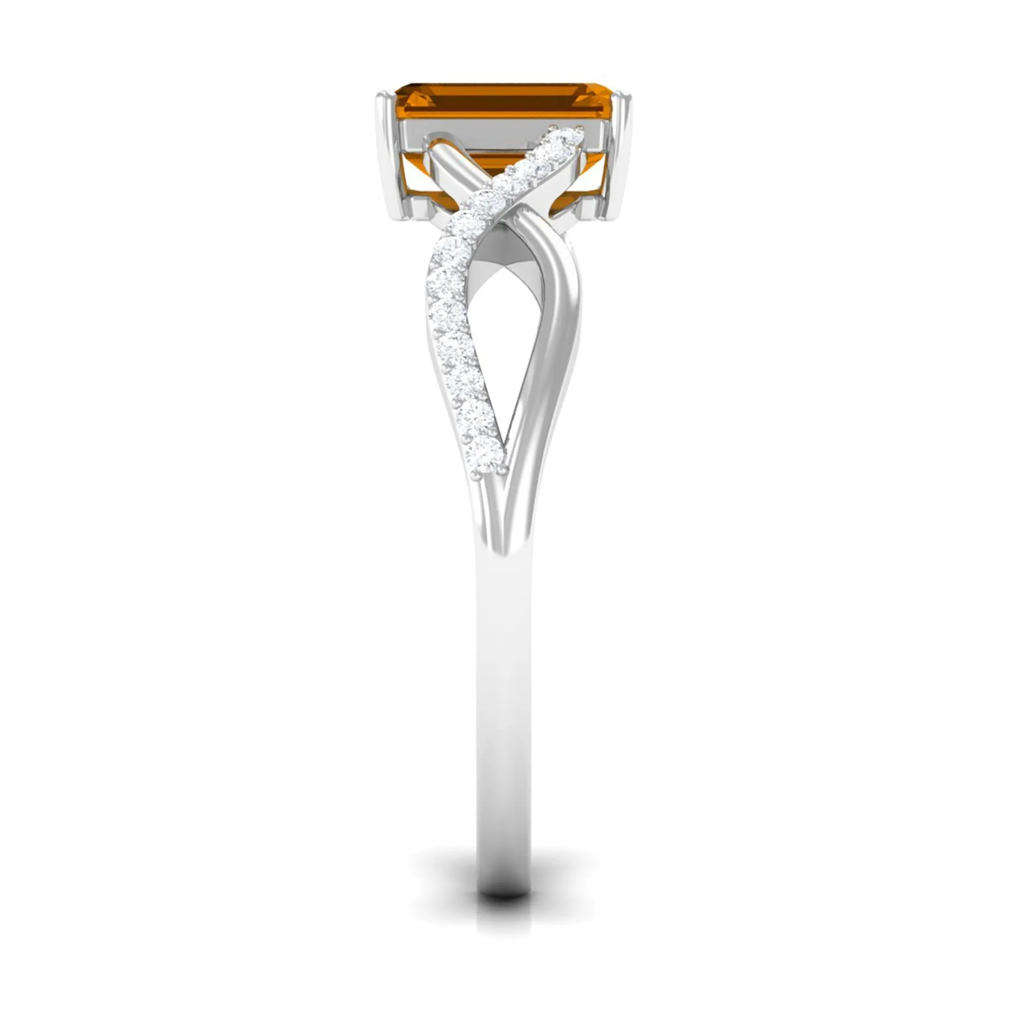 Emerald Cut Citrine and Diamond Crossover Engagement Ring