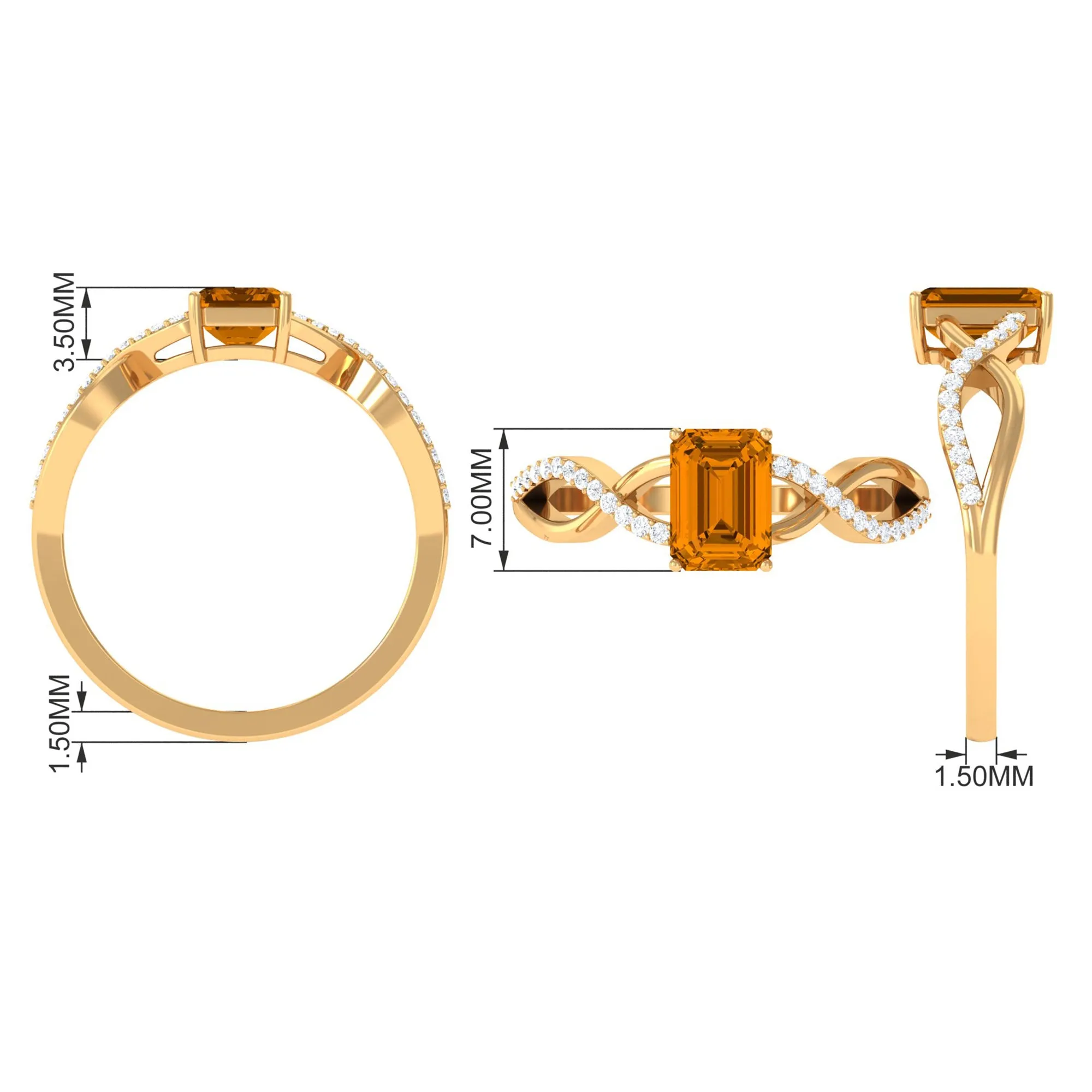 Emerald Cut Citrine and Diamond Crossover Engagement Ring