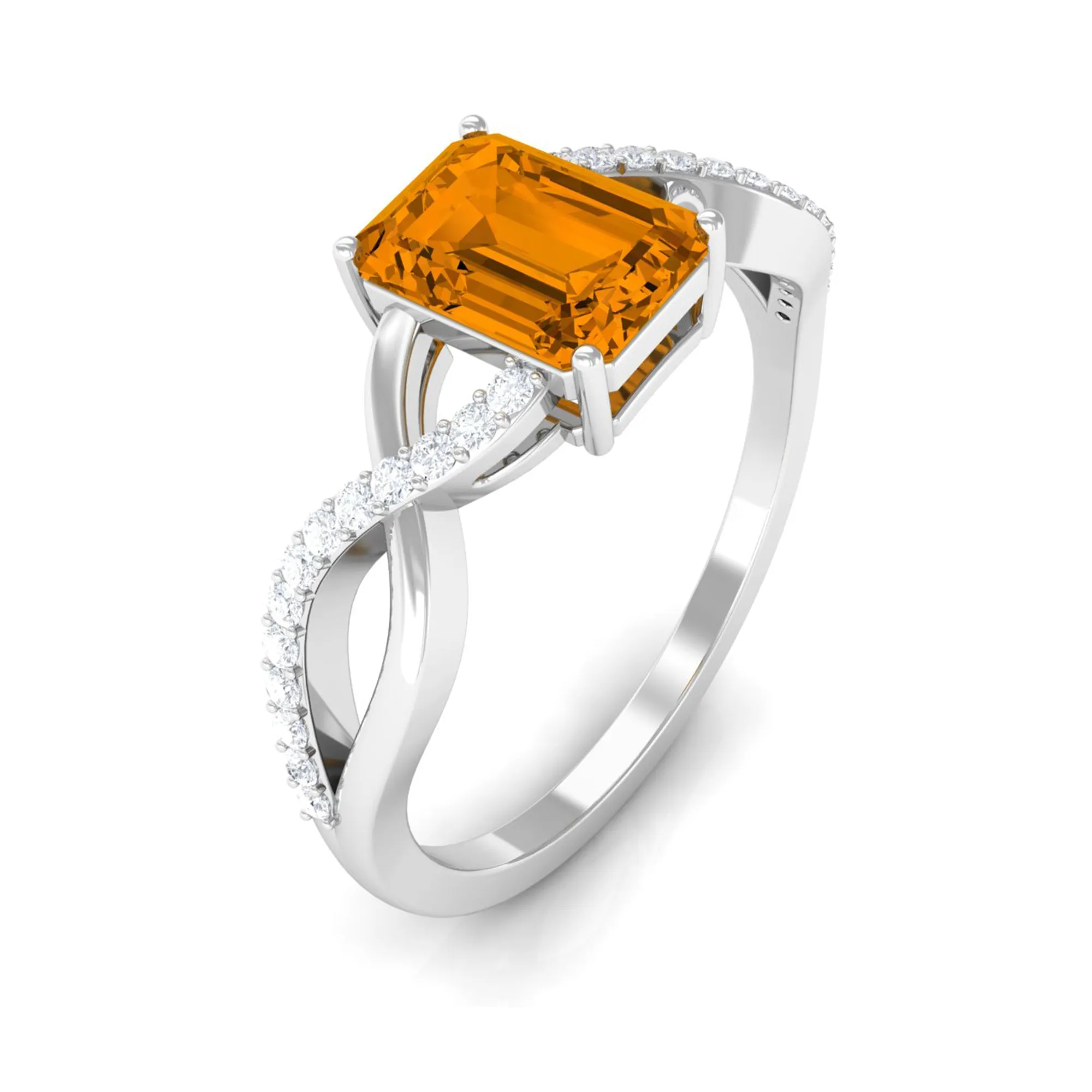 Emerald Cut Citrine and Diamond Crossover Engagement Ring