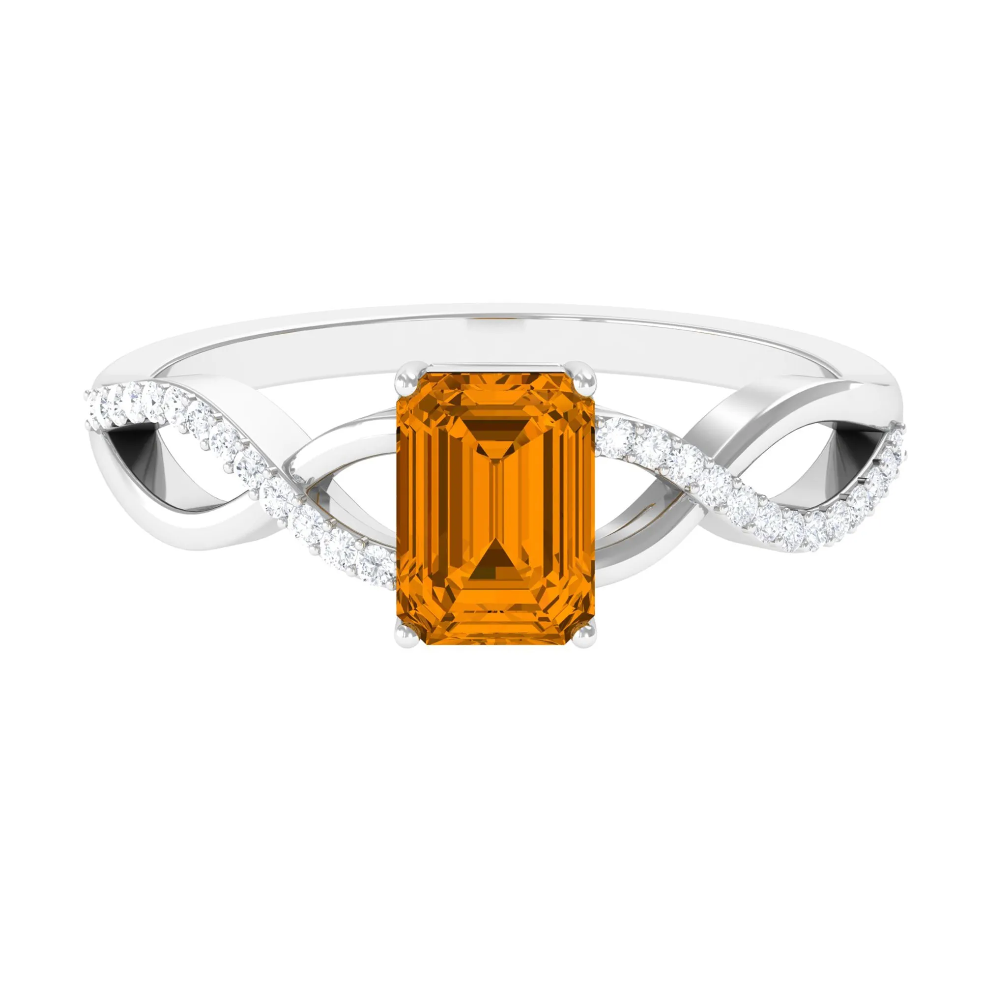 Emerald Cut Citrine and Diamond Crossover Engagement Ring