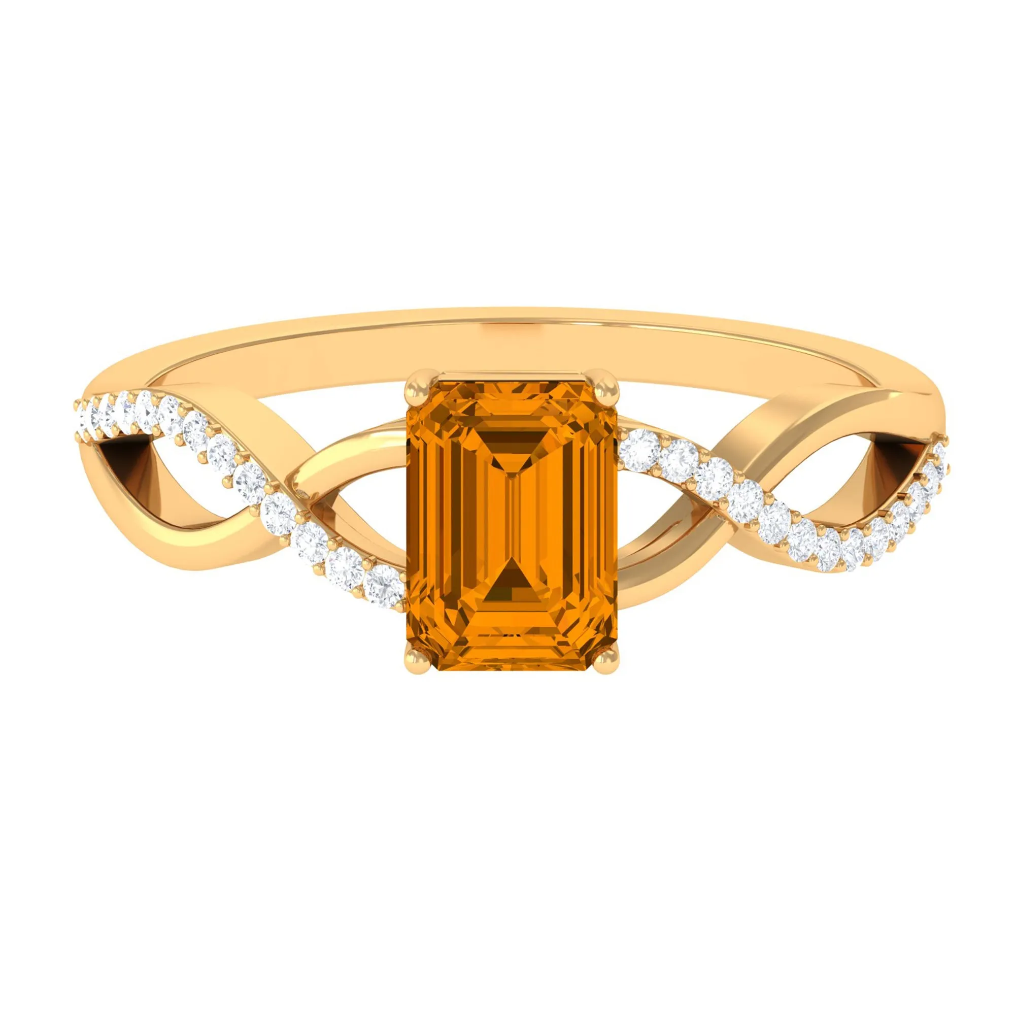 Emerald Cut Citrine and Diamond Crossover Engagement Ring