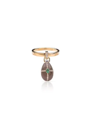 Enchanted Egg Charm, 14K Yellow Gold, Grey Moonstone   Emerald Flip Ring