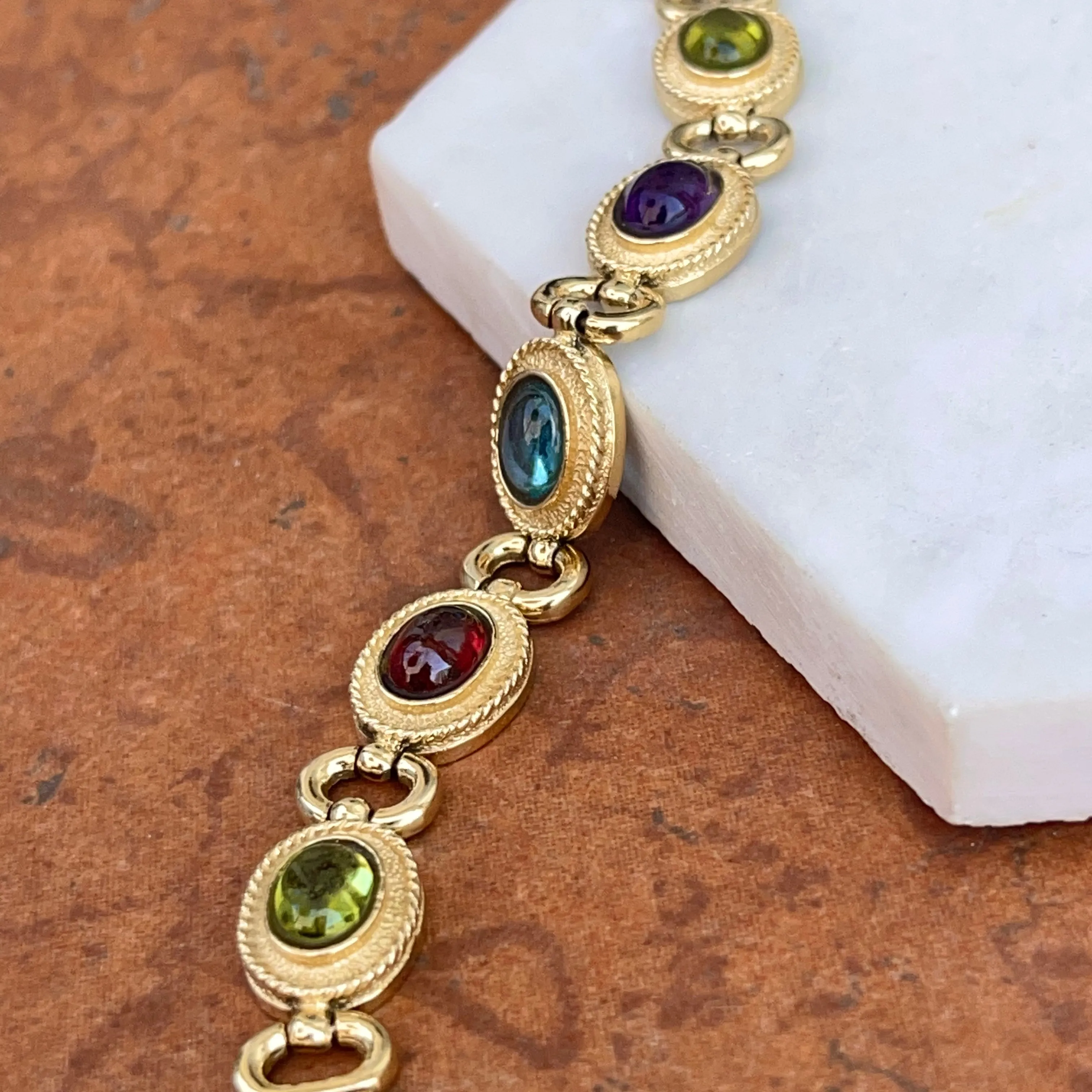 Estate 14KT Yellow Gold Etruscan Oval Gemstone Link Bracelet