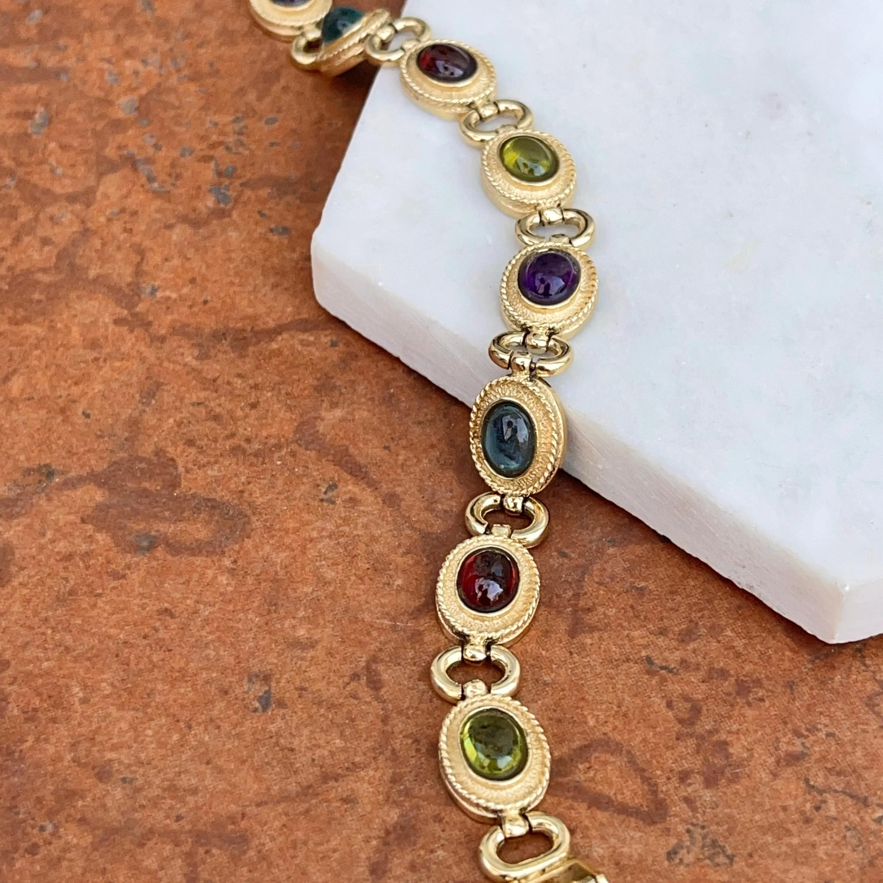 Estate 14KT Yellow Gold Etruscan Oval Gemstone Link Bracelet