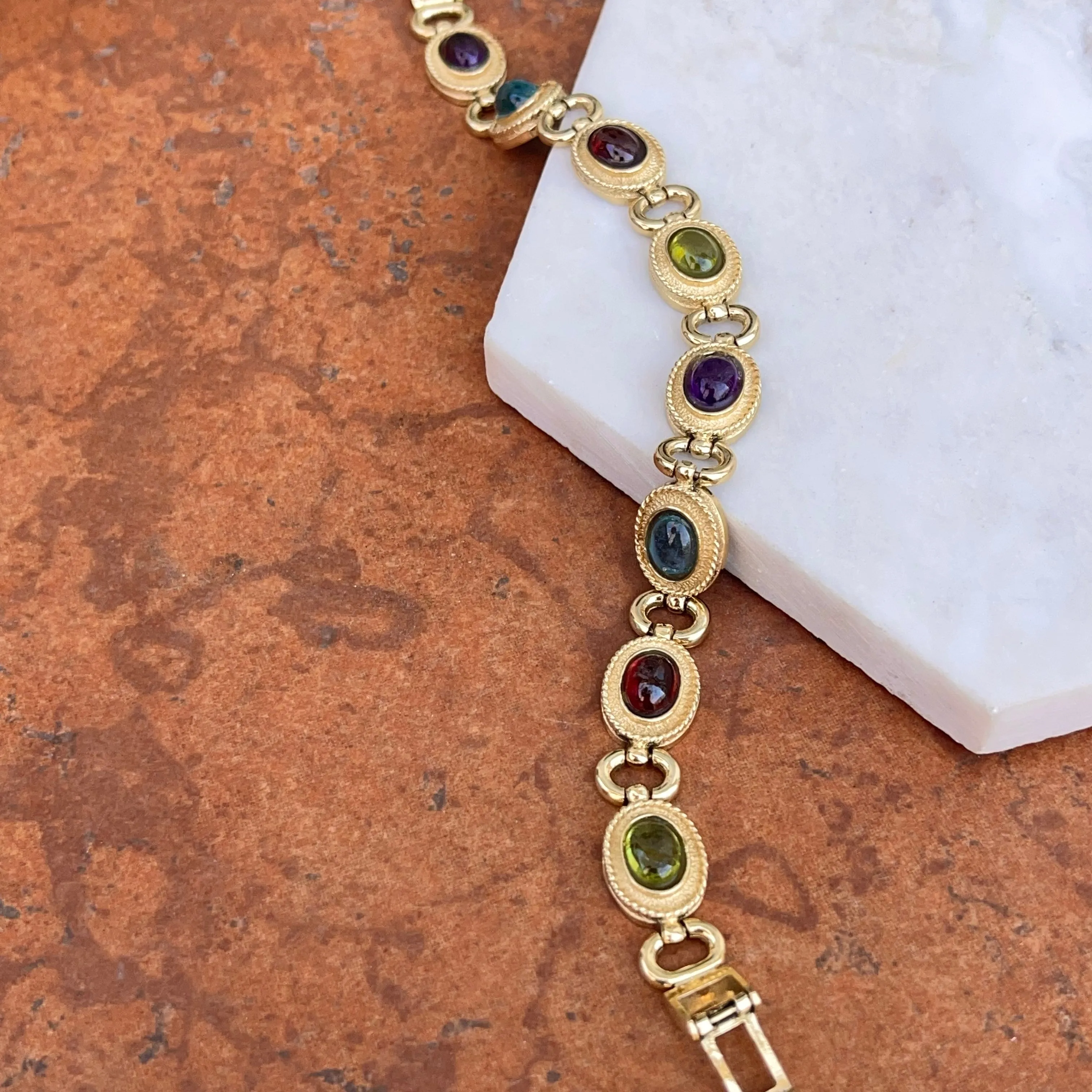 Estate 14KT Yellow Gold Etruscan Oval Gemstone Link Bracelet