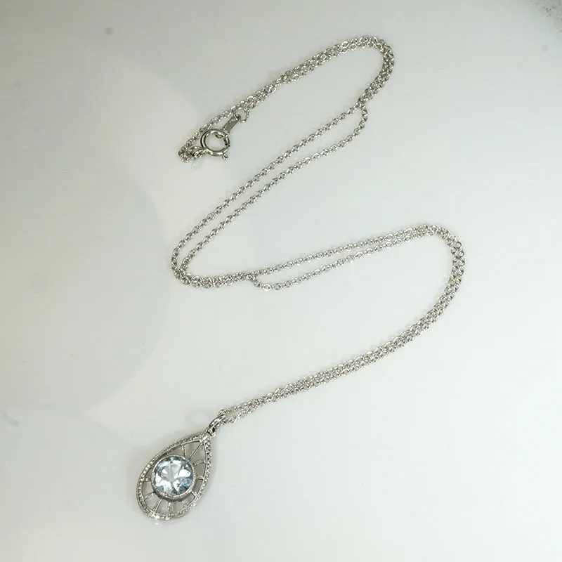 Frosty Aquamarine in Engraved Platinum Teardrop Pendant