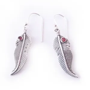 Garnet .925 Solid Sterling Silver Feather Earrings