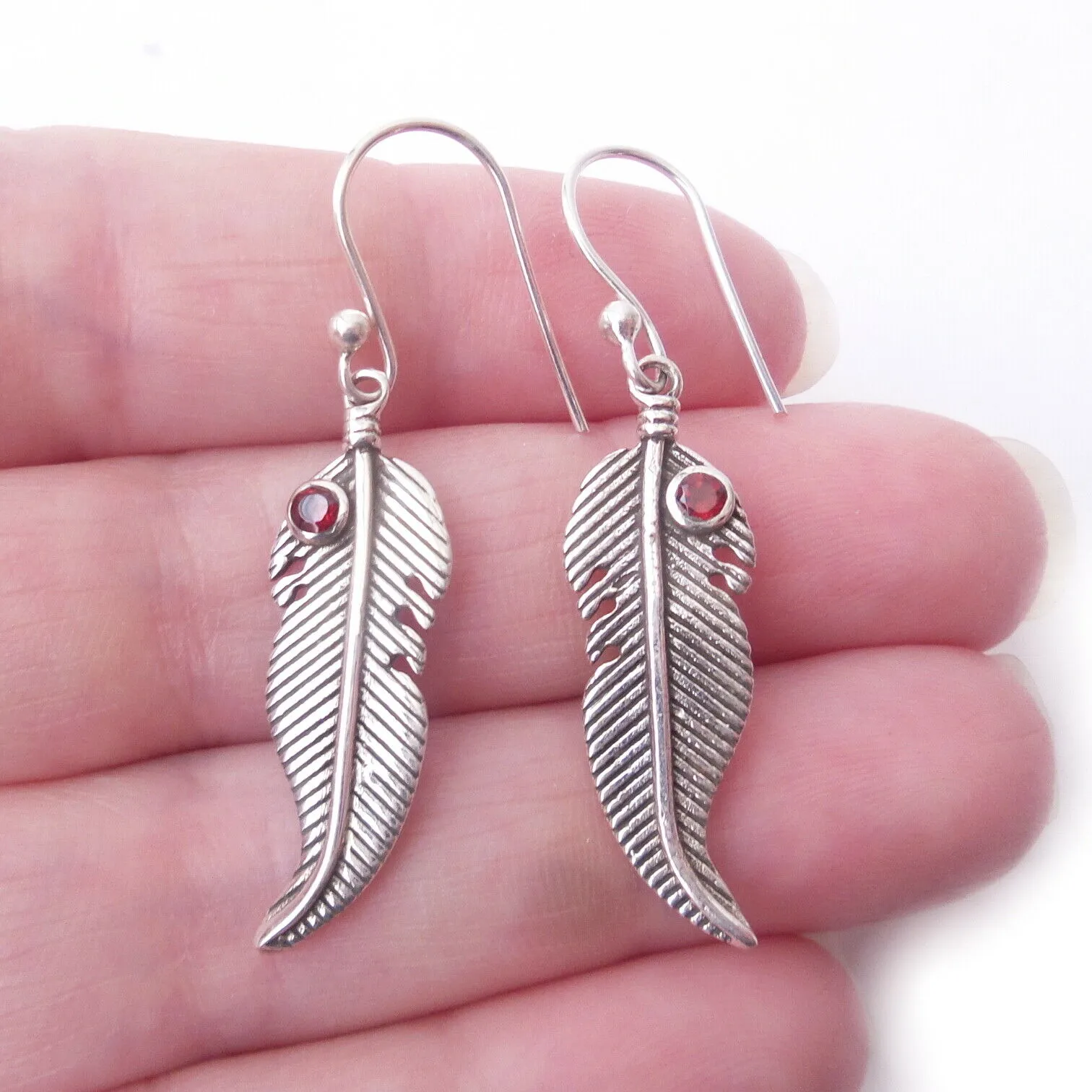 Garnet .925 Solid Sterling Silver Feather Earrings