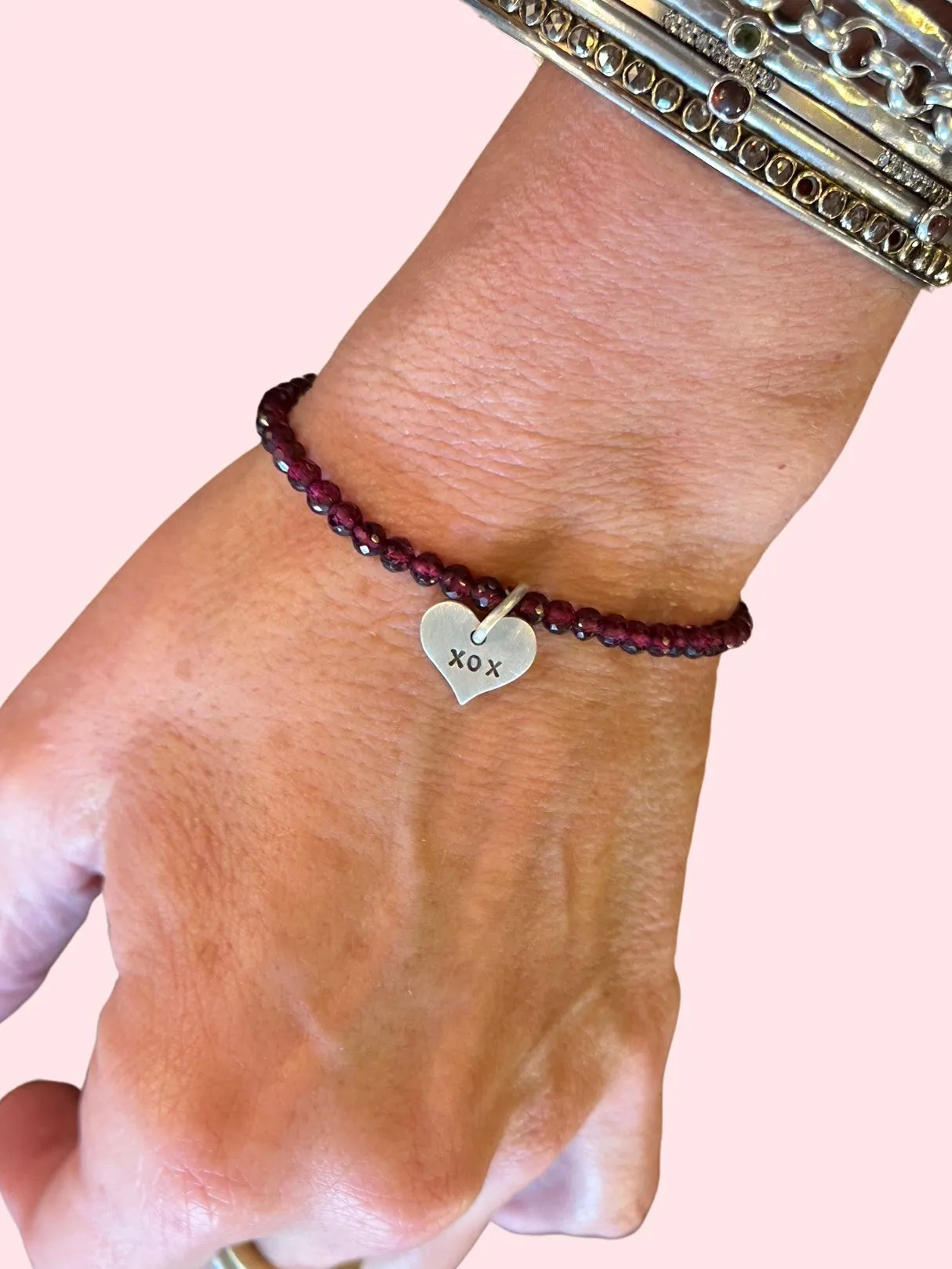 Garnet Beaded XOX Heart Charm Bracelet