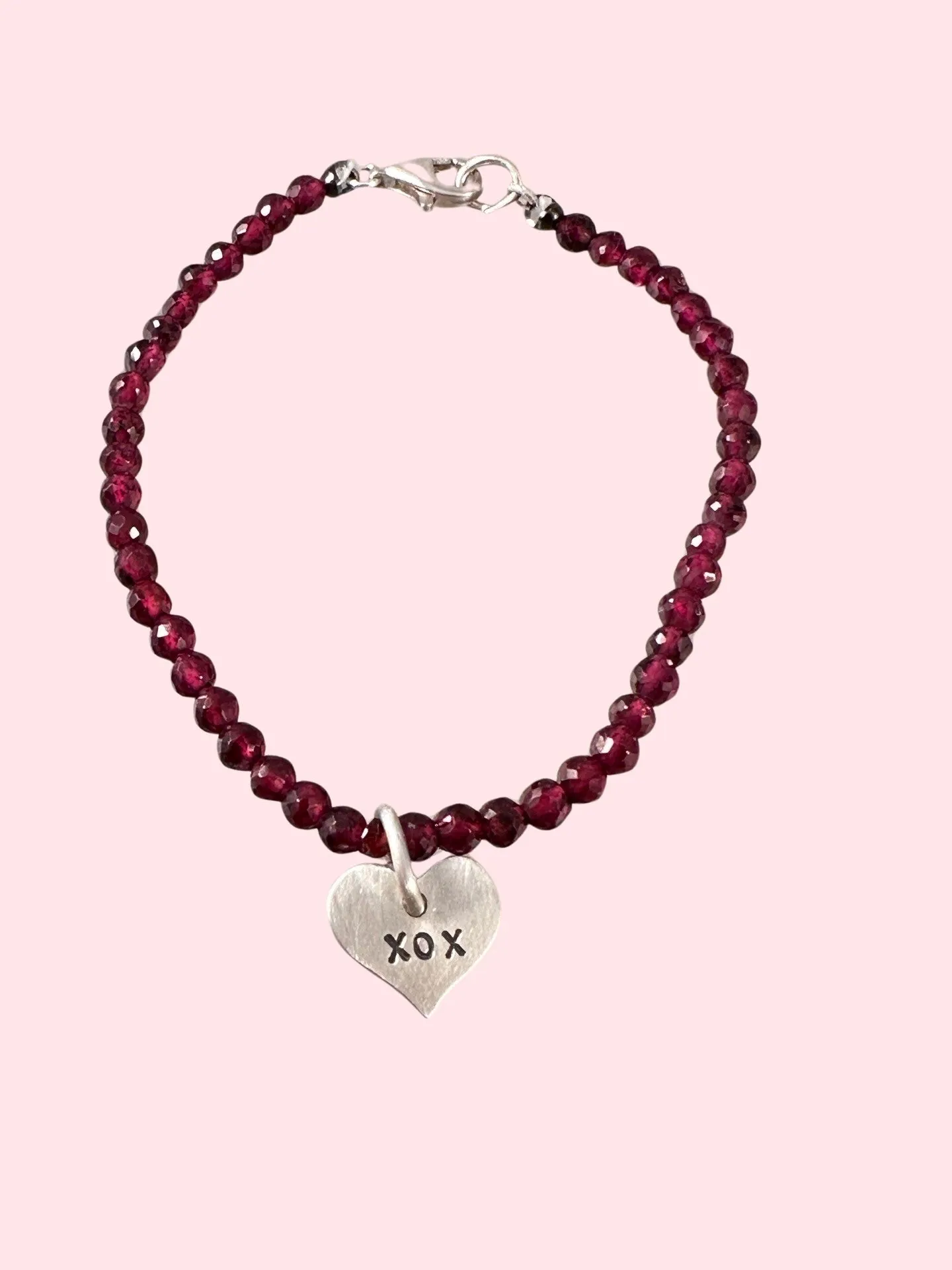 Garnet Beaded XOX Heart Charm Bracelet