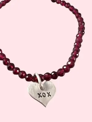 Garnet Beaded XOX Heart Charm Bracelet