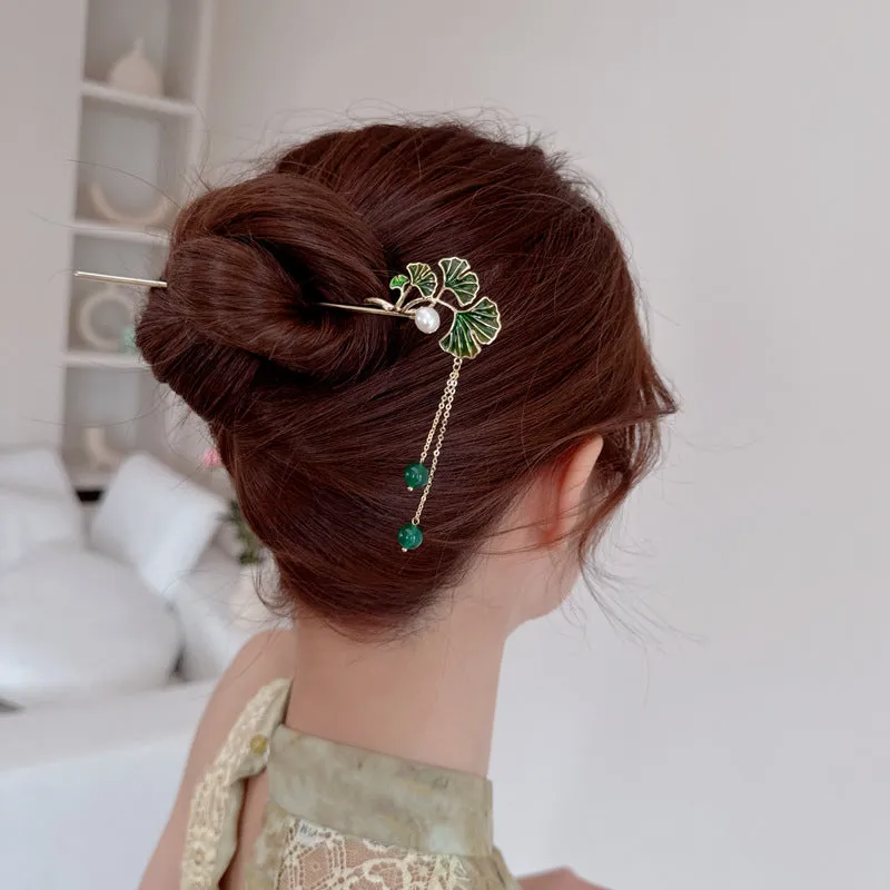 Ginkgo leaf tassels Chinese style floral bun headdress