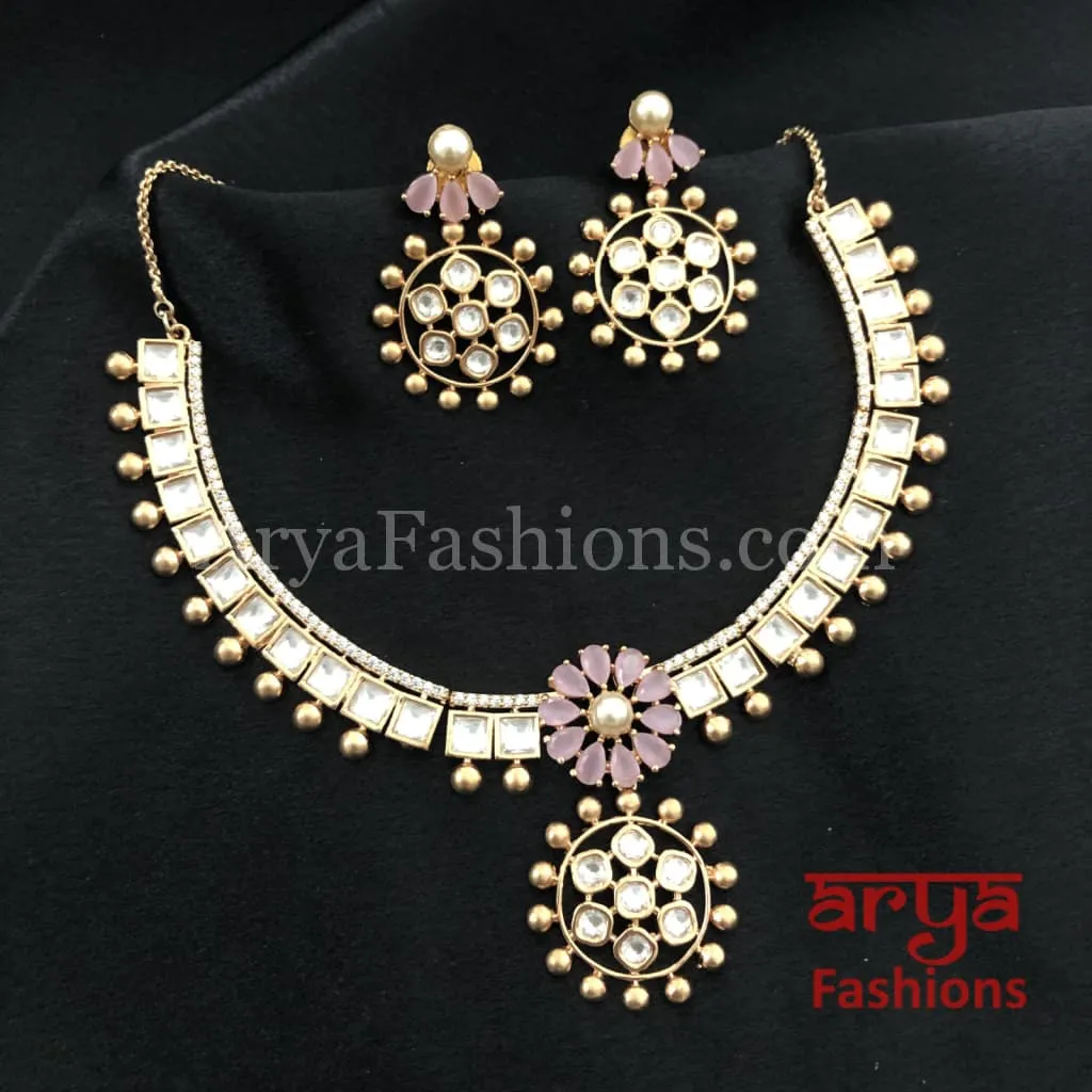 Golden Pink Flower Cubic Zirconia Kundan Necklace