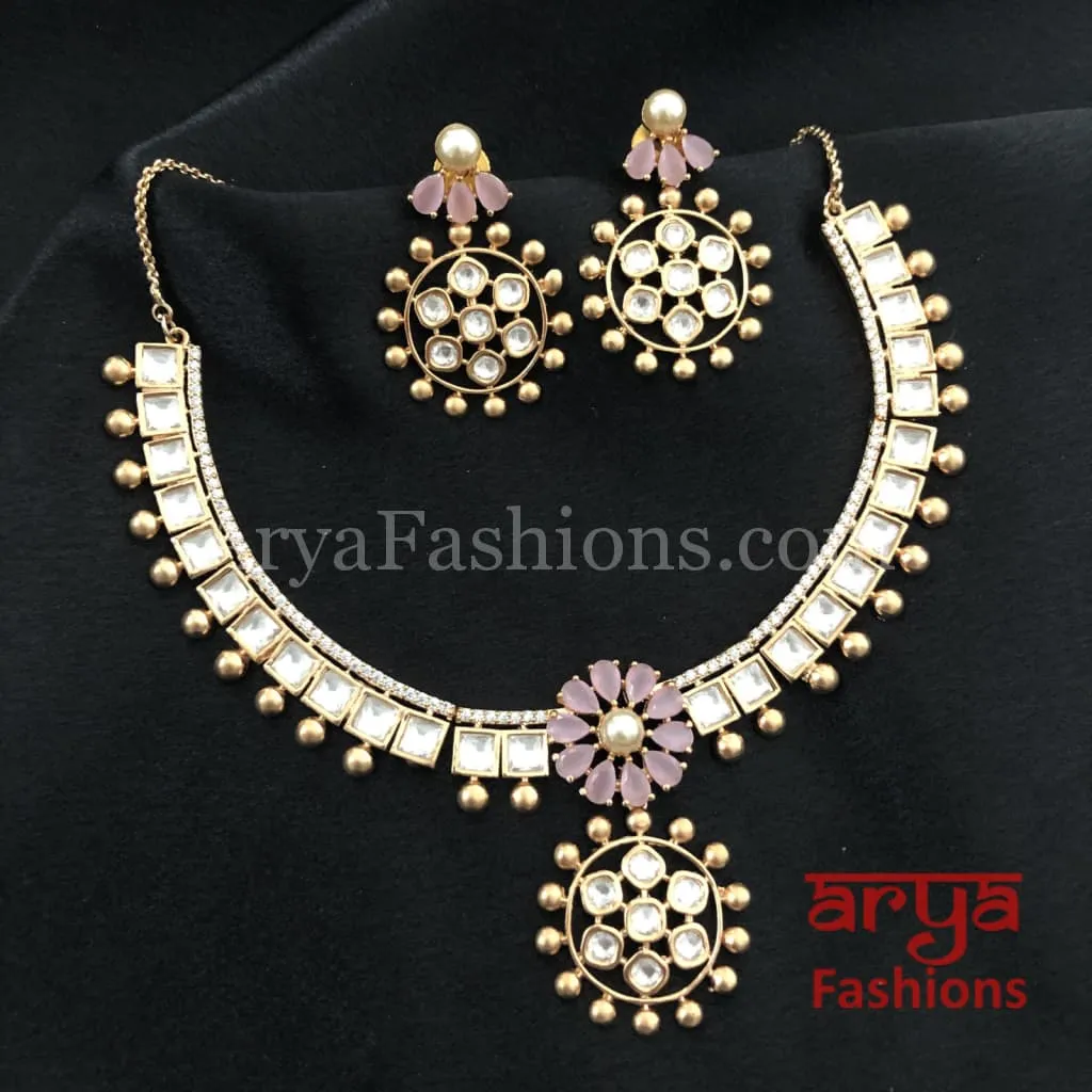 Golden Pink Flower Cubic Zirconia Kundan Necklace