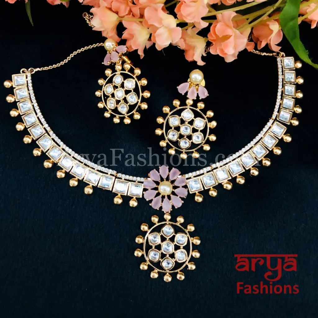 Golden Pink Flower Cubic Zirconia Kundan Necklace