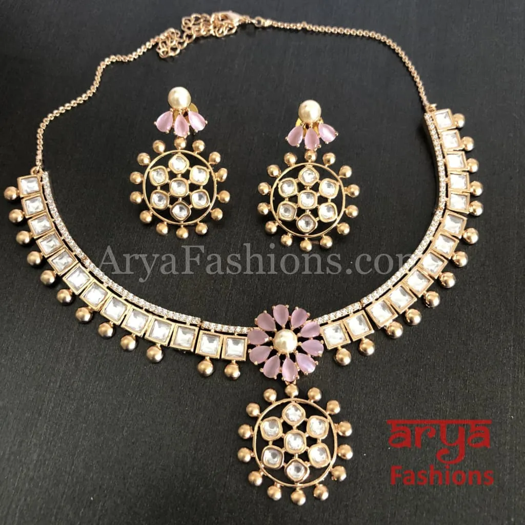 Golden Pink Flower Cubic Zirconia Kundan Necklace