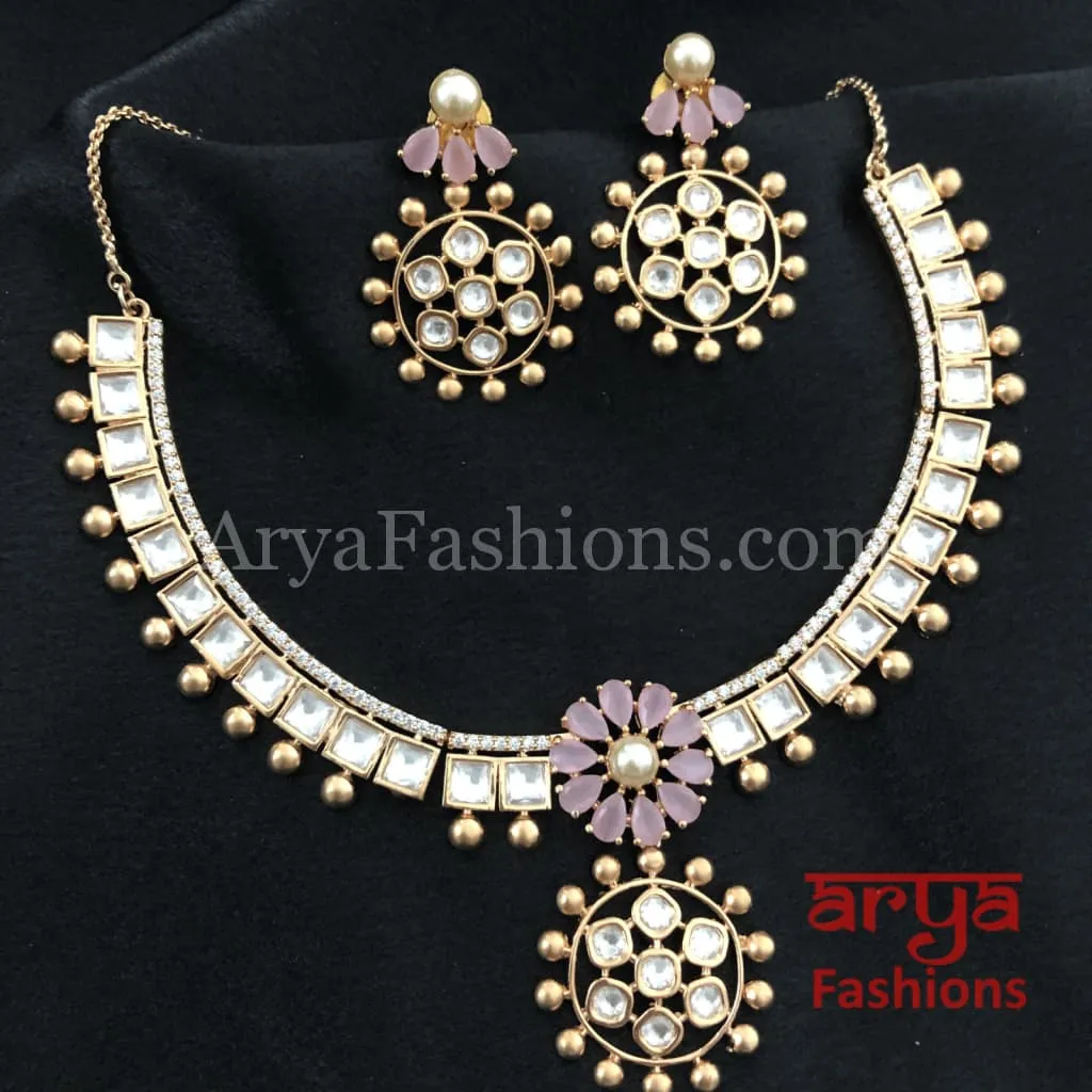 Golden Pink Flower Cubic Zirconia Kundan Necklace