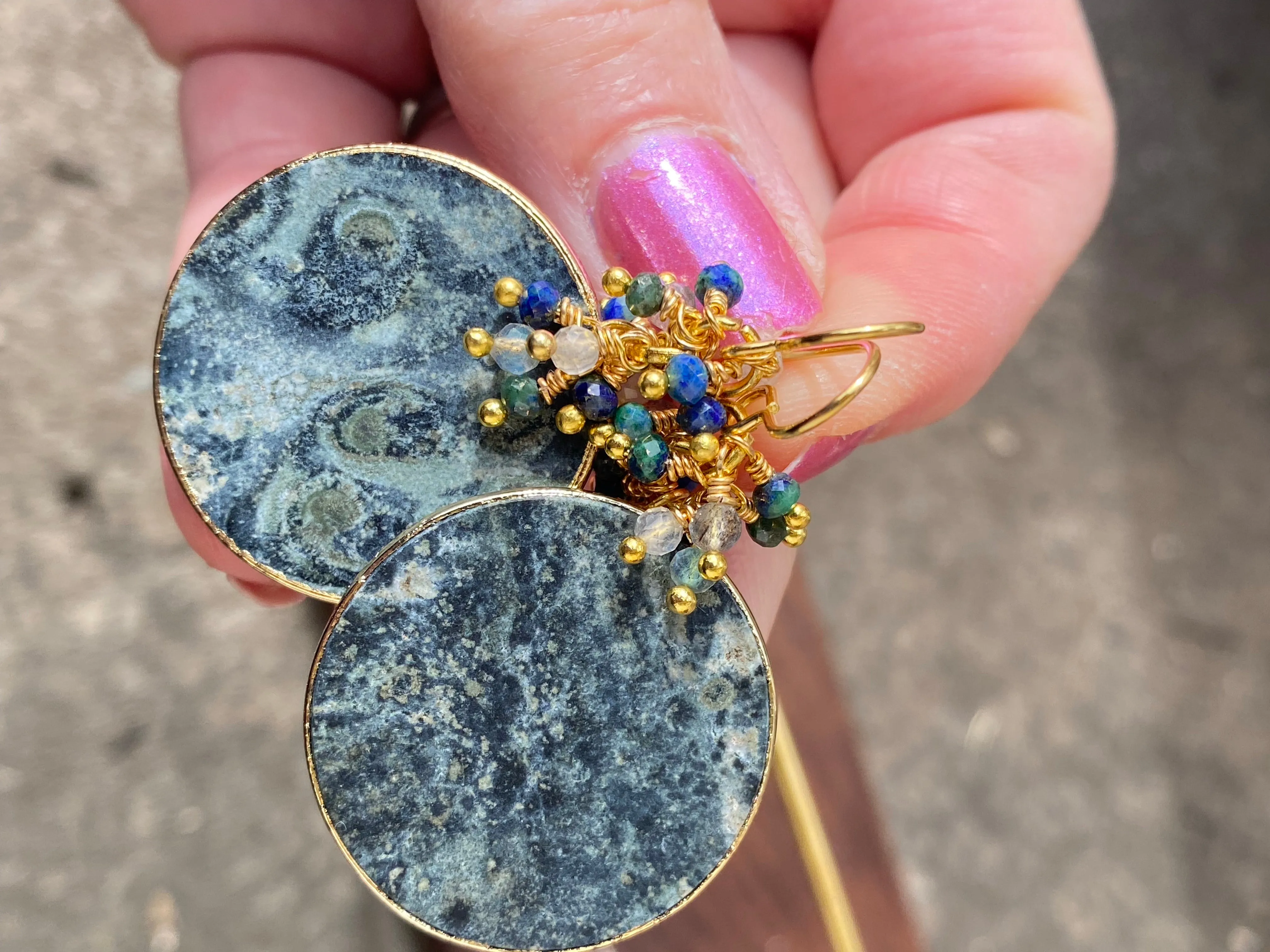 Green and blue coin gemstone, gold  metal, earrings