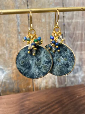 Green and blue coin gemstone, gold  metal, earrings