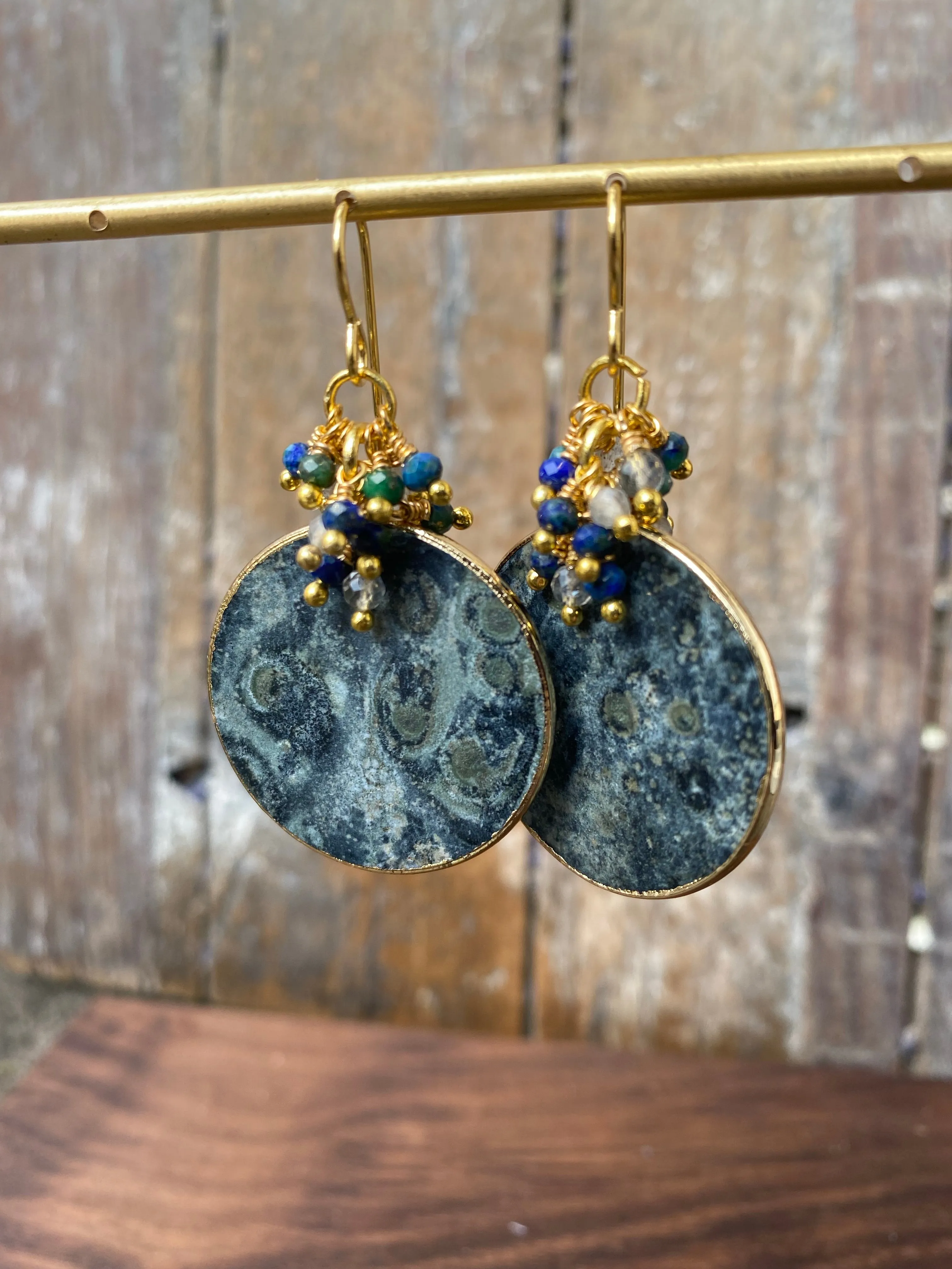 Green and blue coin gemstone, gold  metal, earrings