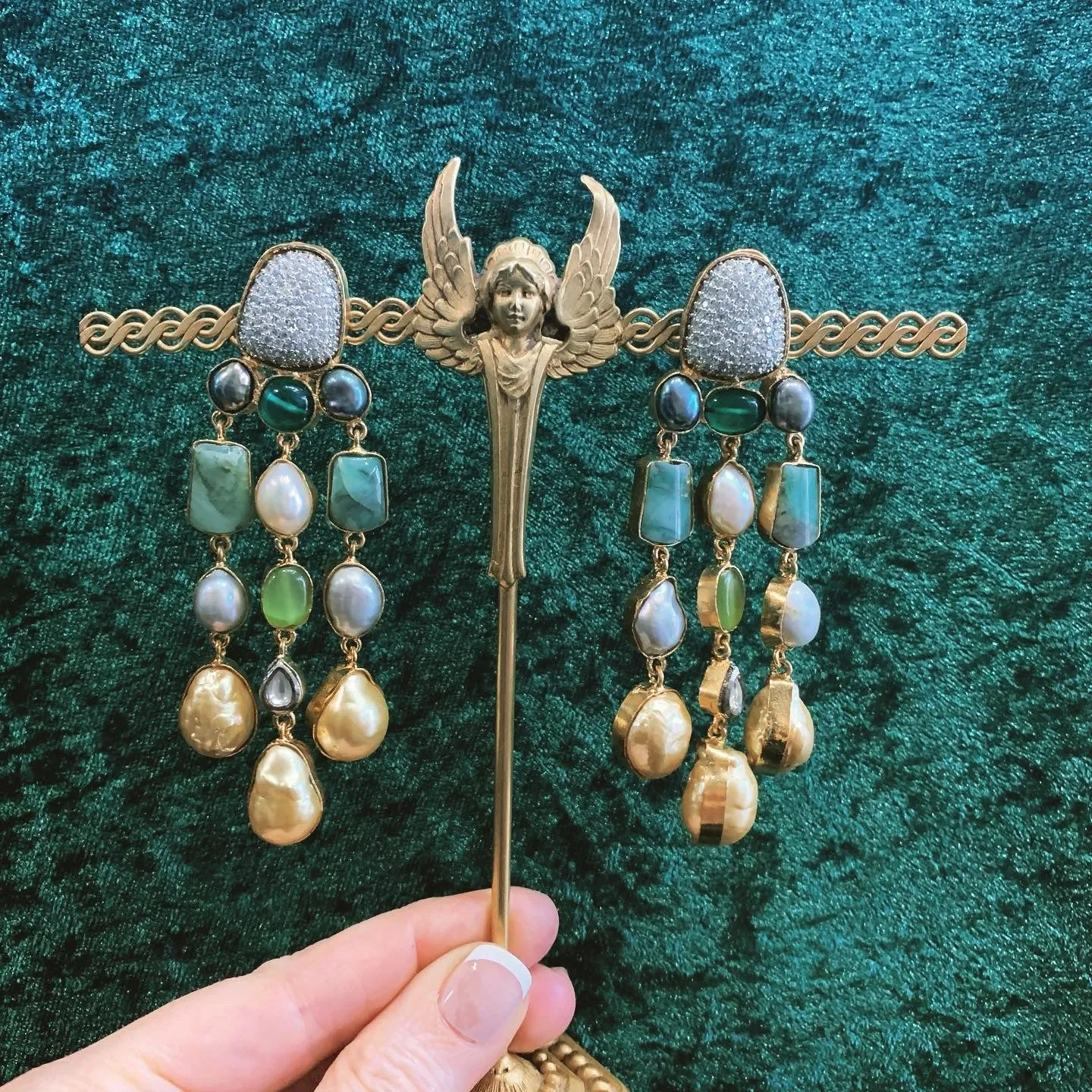 Green pearl chandelier earrings