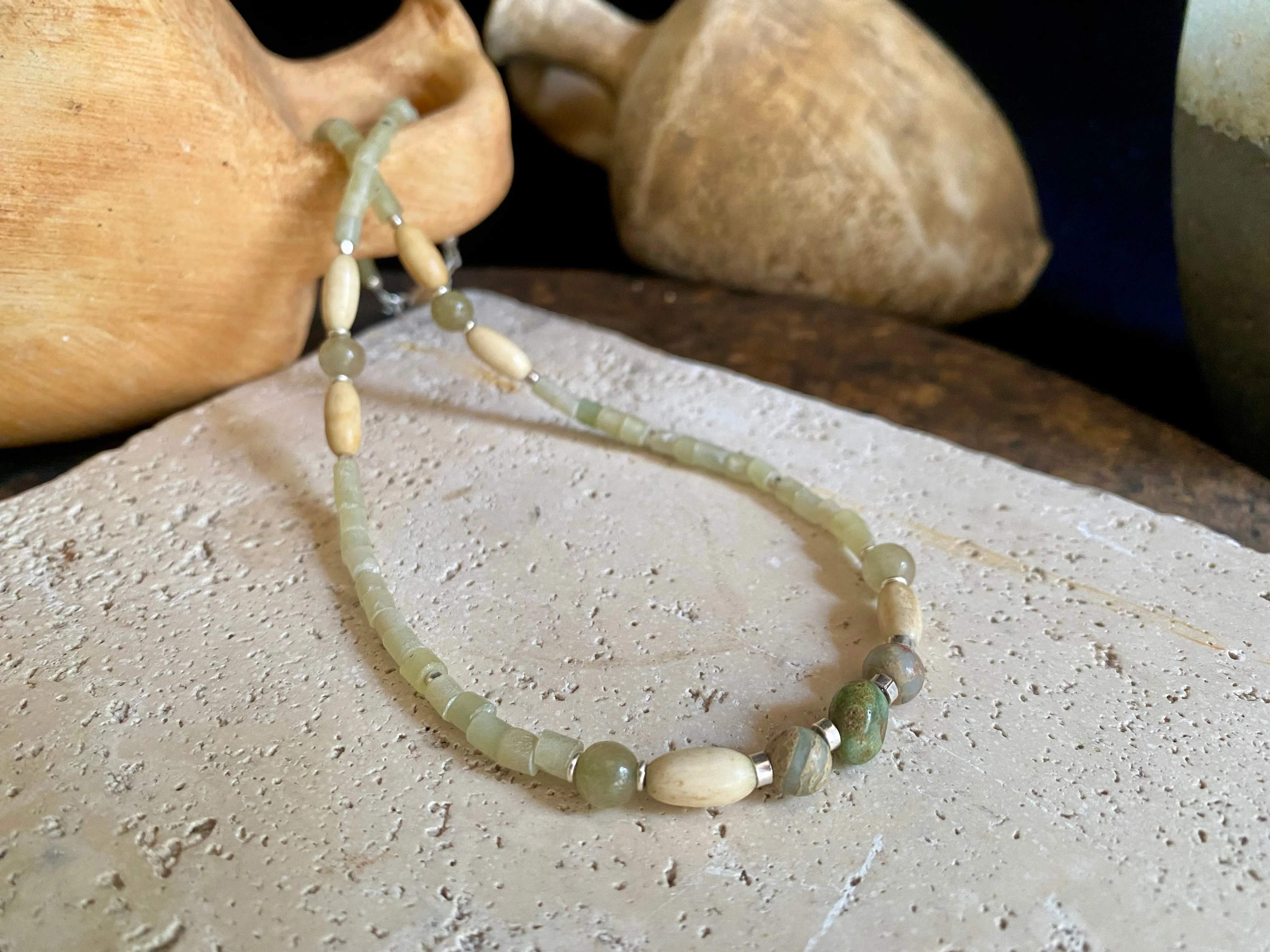 Green Stone & Bone Choker Necklace