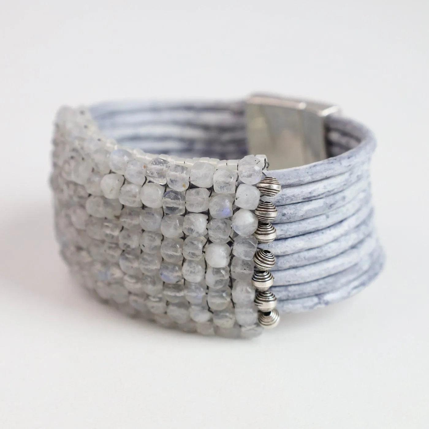 Hand Stitched Faceted Moonstone Cubes Leather Bracelet