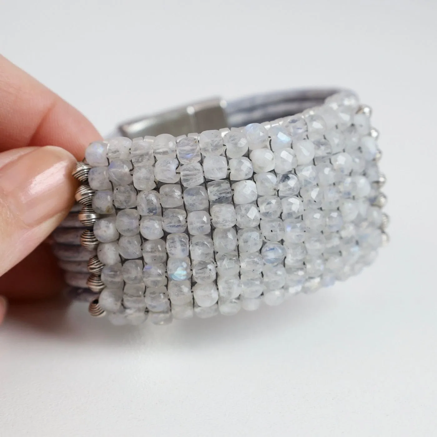 Hand Stitched Faceted Moonstone Cubes Leather Bracelet