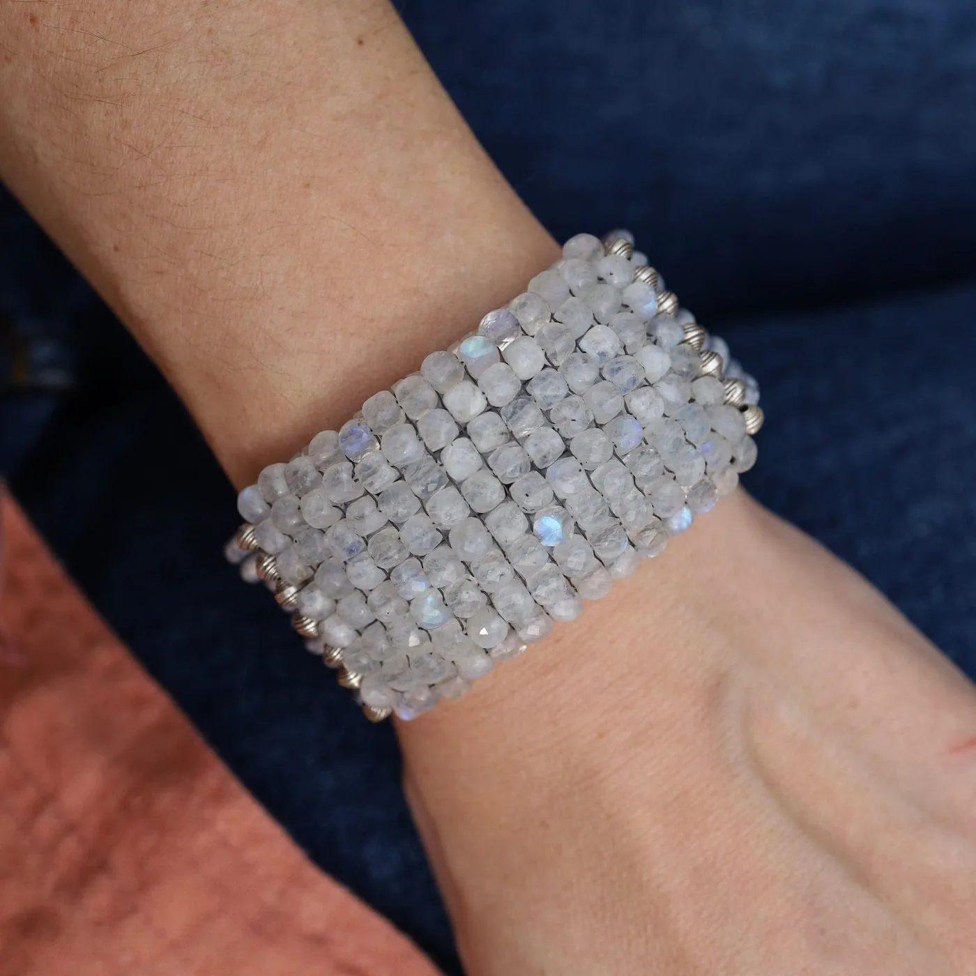 Hand Stitched Faceted Moonstone Cubes Leather Bracelet