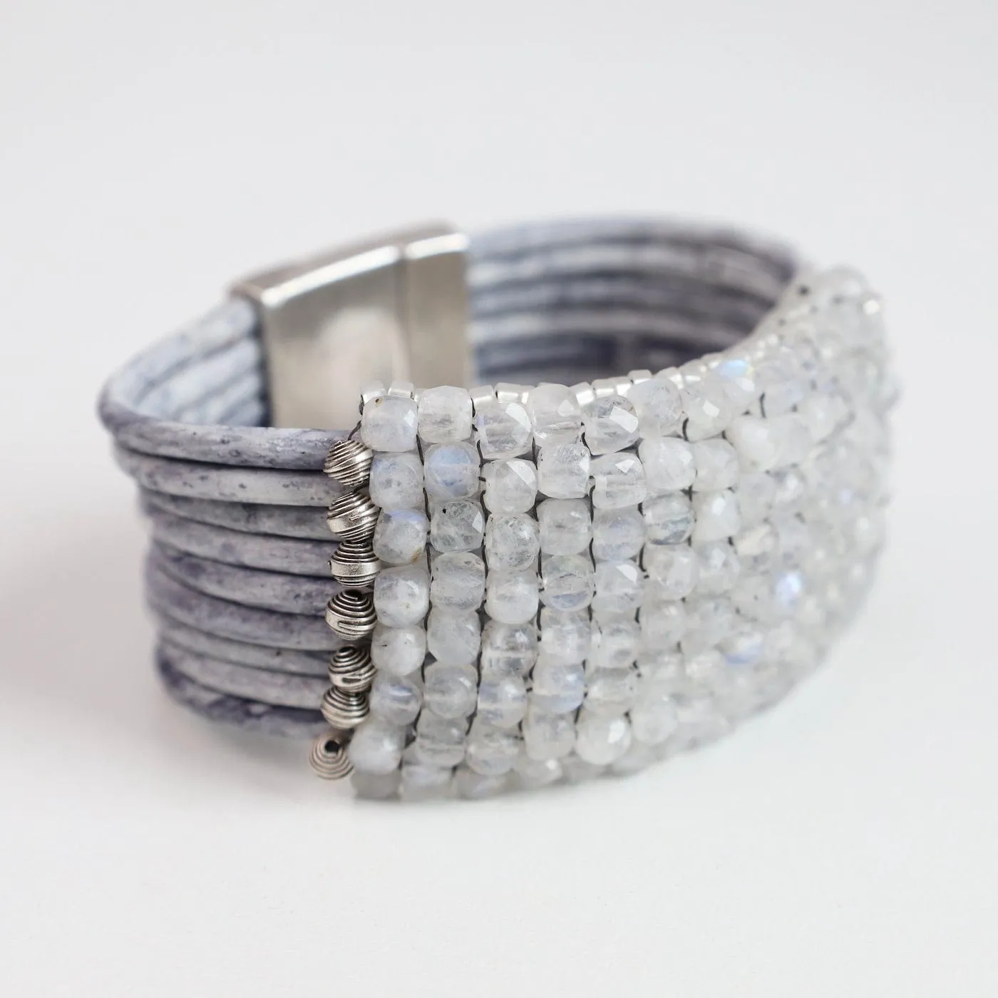 Hand Stitched Faceted Moonstone Cubes Leather Bracelet