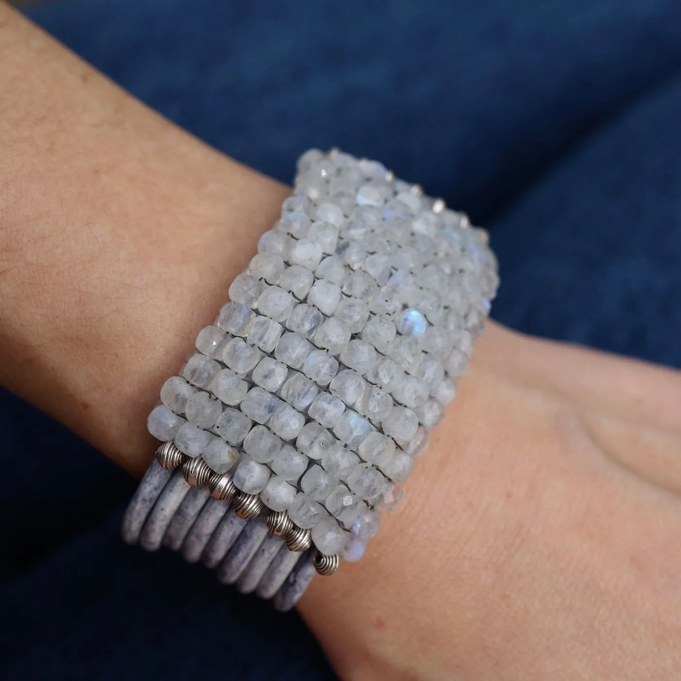 Hand Stitched Faceted Moonstone Cubes Leather Bracelet