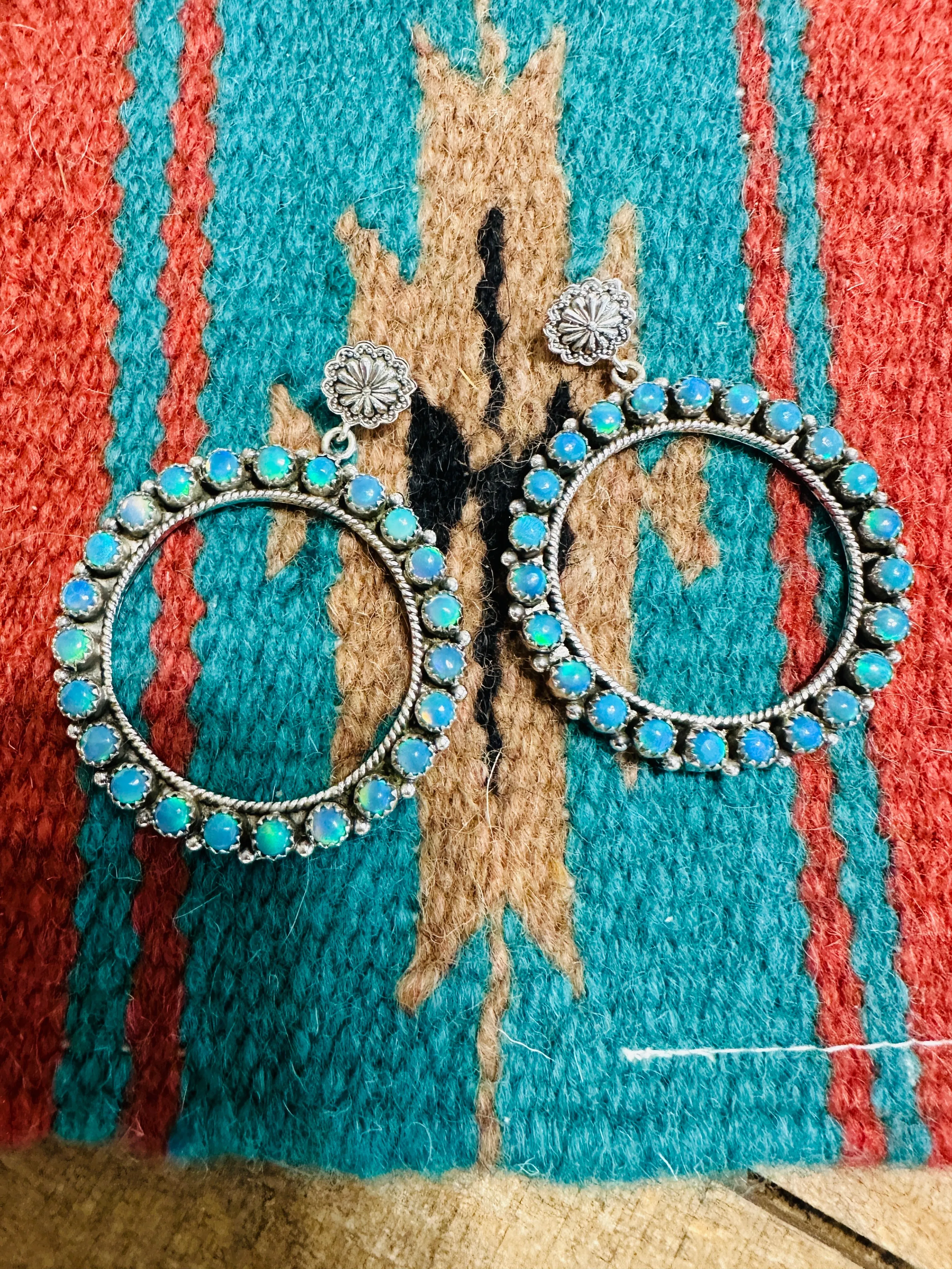 Handmade Blue Opal & Sterling Silver Dangle Hoop Earrings Signed Nizhoni