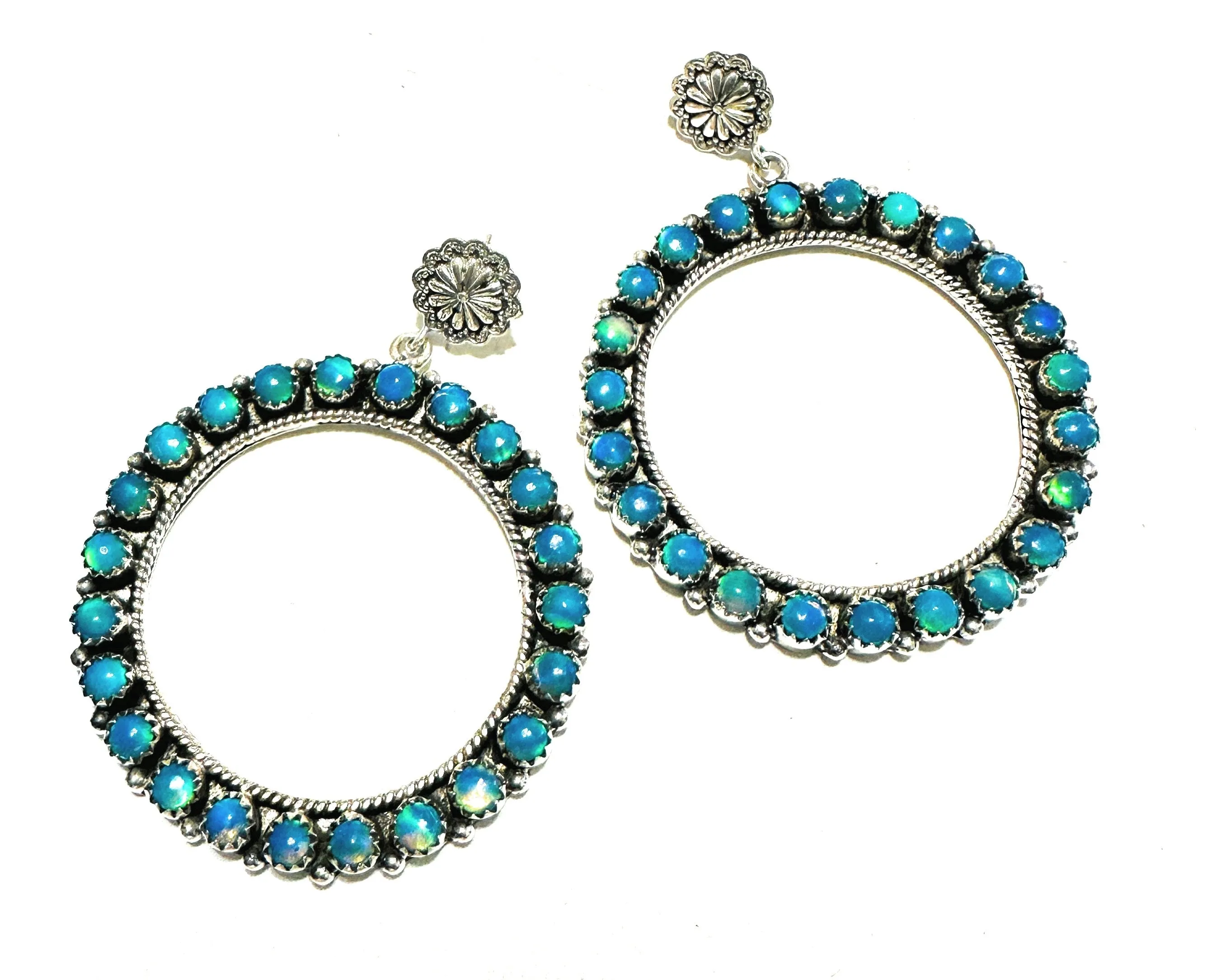 Handmade Blue Opal & Sterling Silver Dangle Hoop Earrings Signed Nizhoni