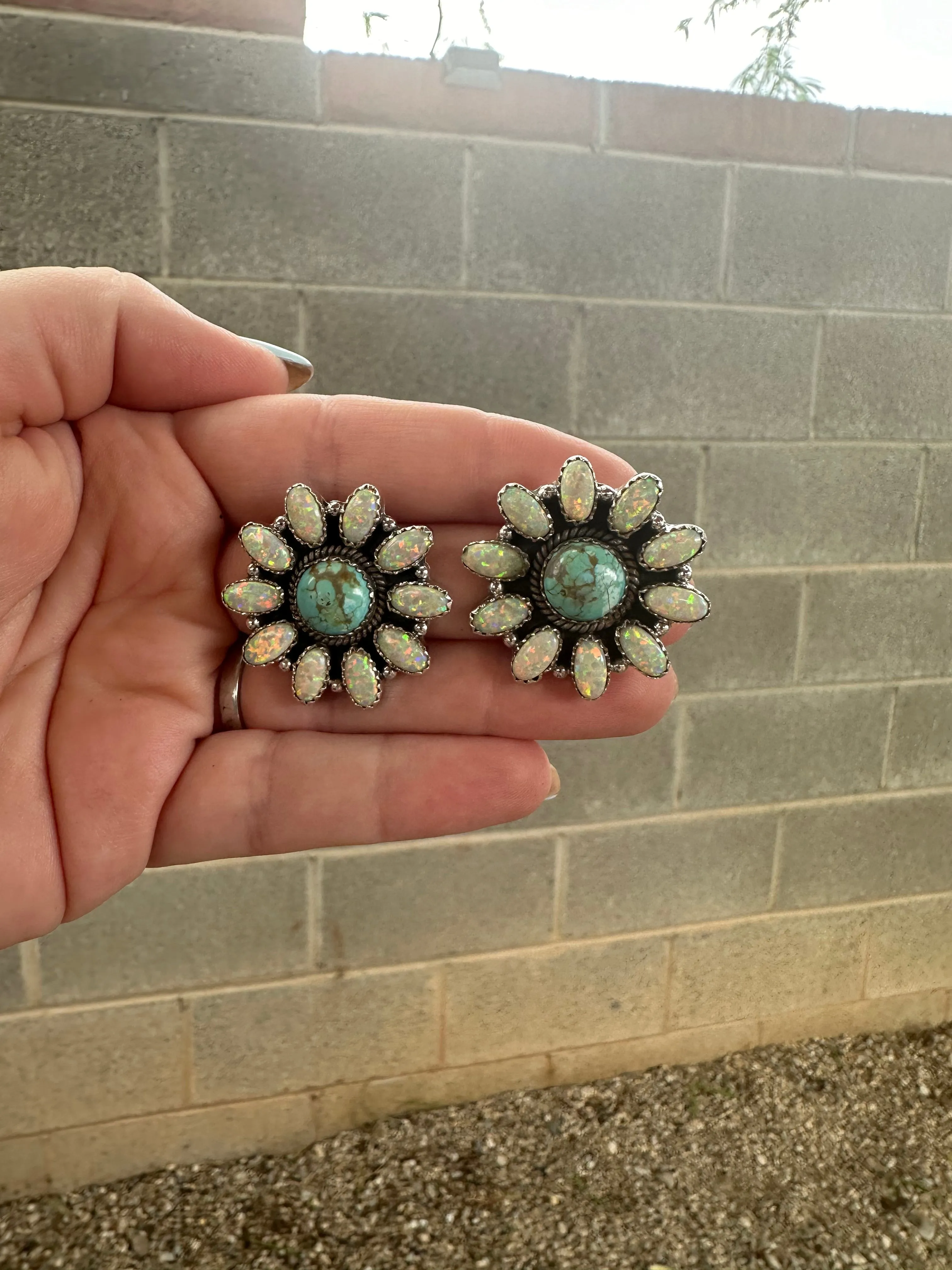 Handmade Flower Sterling Silver, Fire Opal, Number 8 Turquoise Cluster Post Earrings Signed Nizhoni