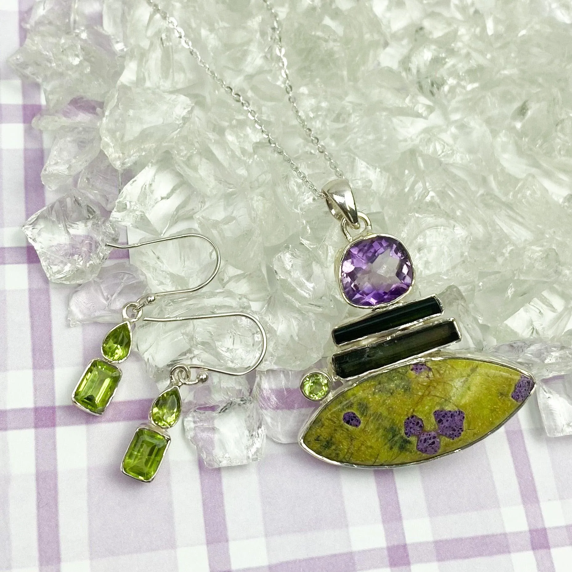 Harvest Moon Gemstone Pendant Necklace - Amethyst, Stichtite & Tourmaline