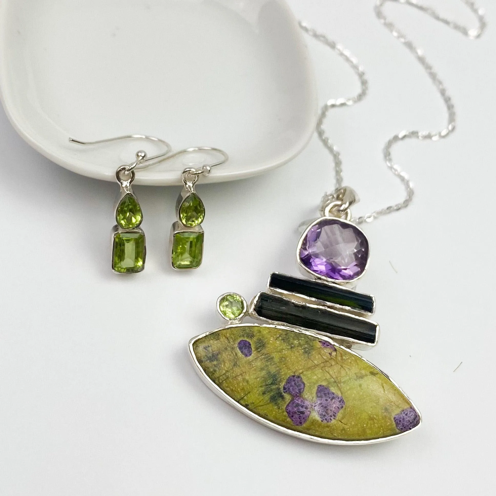 Harvest Moon Gemstone Pendant Necklace - Amethyst, Stichtite & Tourmaline