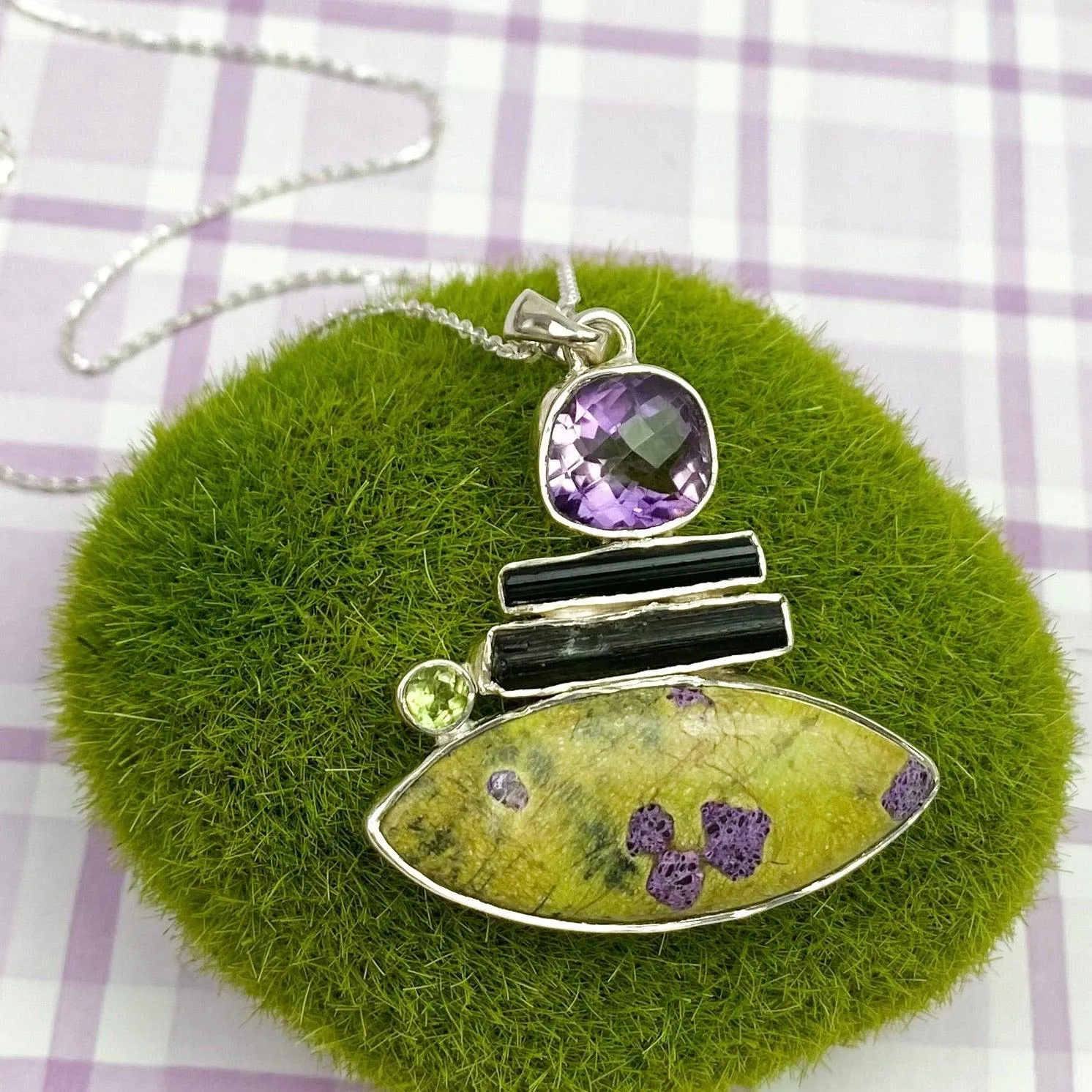 Harvest Moon Gemstone Pendant Necklace - Amethyst, Stichtite & Tourmaline