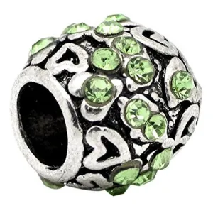 Hearts W/light Green  Rhinestones Bead Charm Spacer For Snake Chain Charm Bracelet