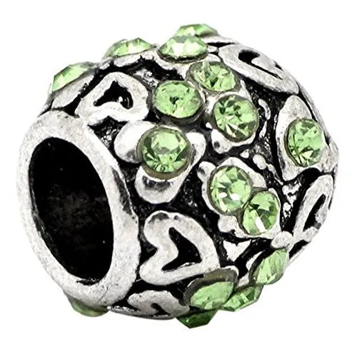 Hearts W/light Green  Rhinestones Bead Charm Spacer For Snake Chain Charm Bracelet