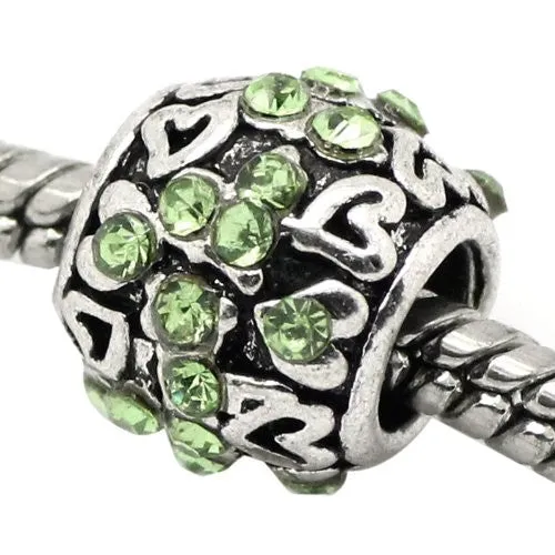 Hearts W/light Green  Rhinestones Bead Charm Spacer For Snake Chain Charm Bracelet