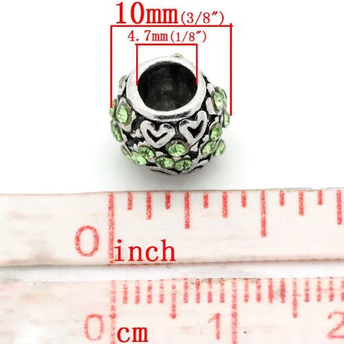 Hearts W/light Green  Rhinestones Bead Charm Spacer For Snake Chain Charm Bracelet