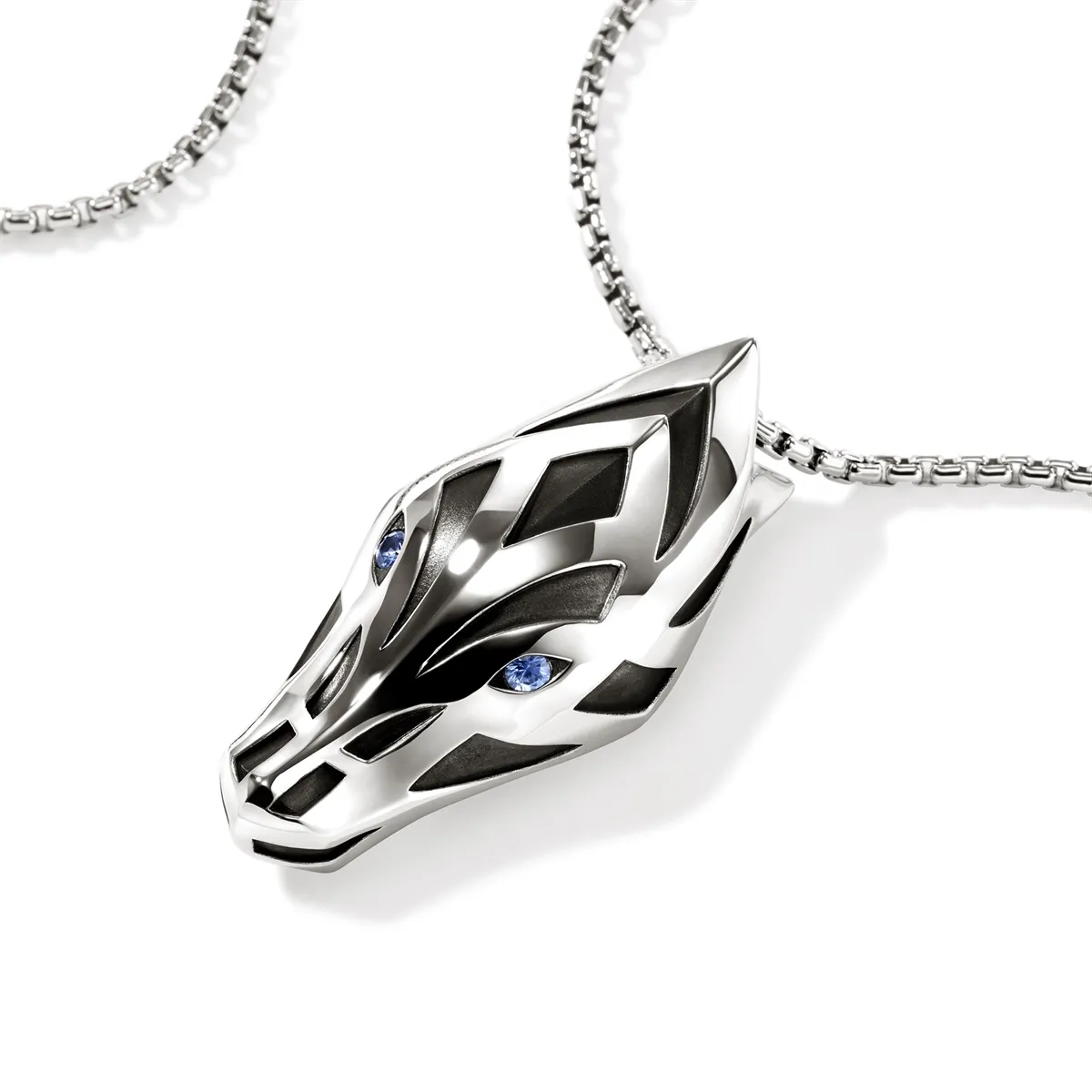 John Hardy Naga Silver Pendant with Blue Sapphire Eyes on a 2.7mm Box Chain Necklace