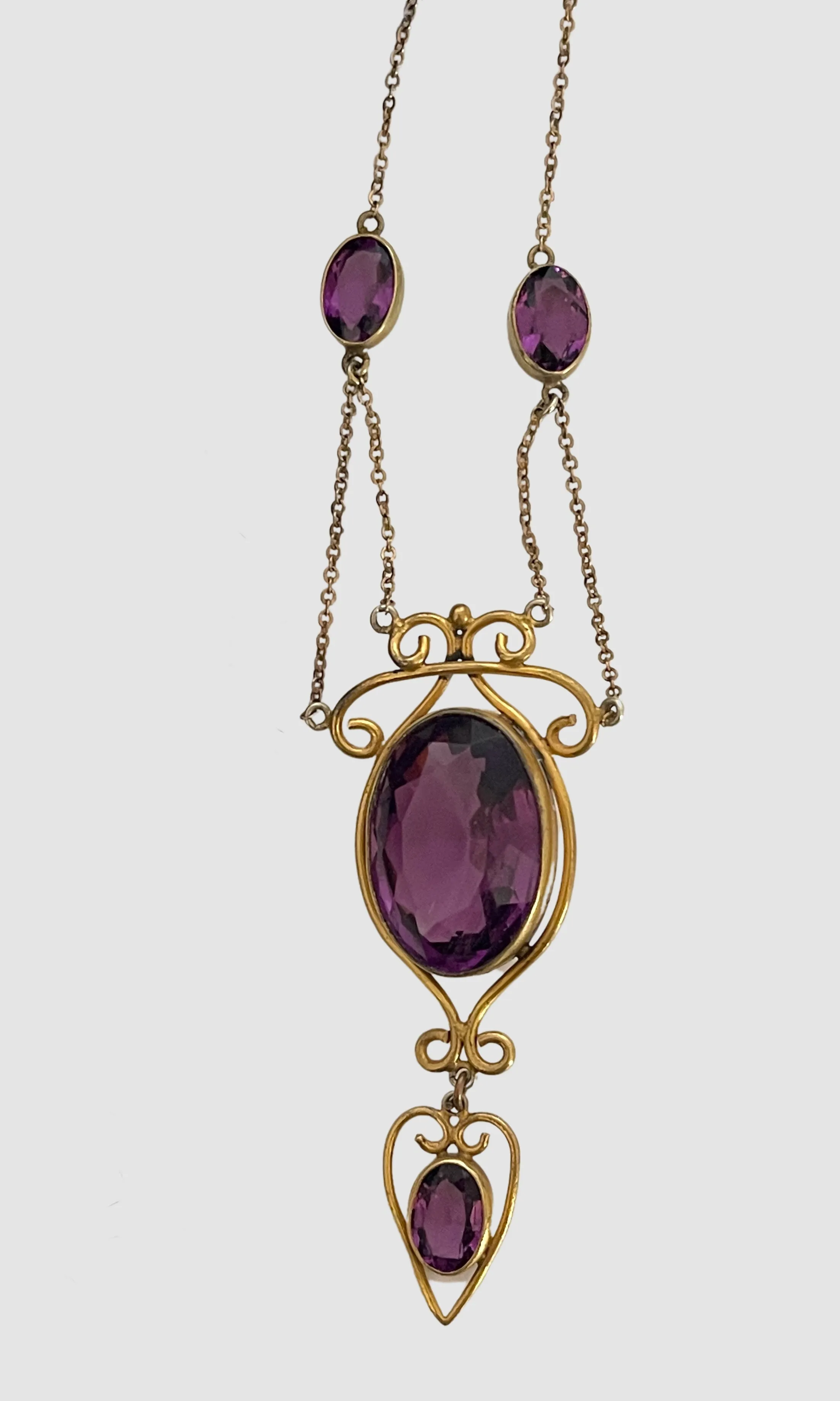 LA BELLE EPOQUE Edwardian Gold Tone and Amethyst Lavaliere Necklace