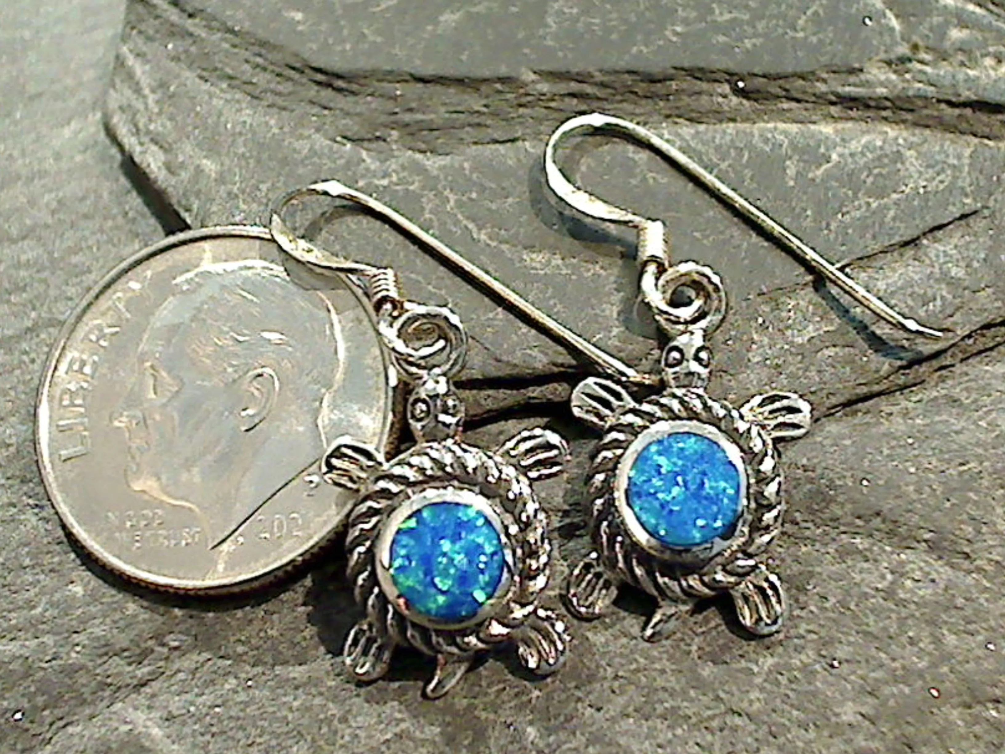 Lab Created Opal, Sterling Silver Turtle Earrings