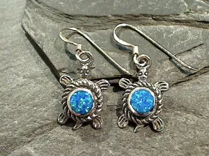 Lab Created Opal, Sterling Silver Turtle Earrings