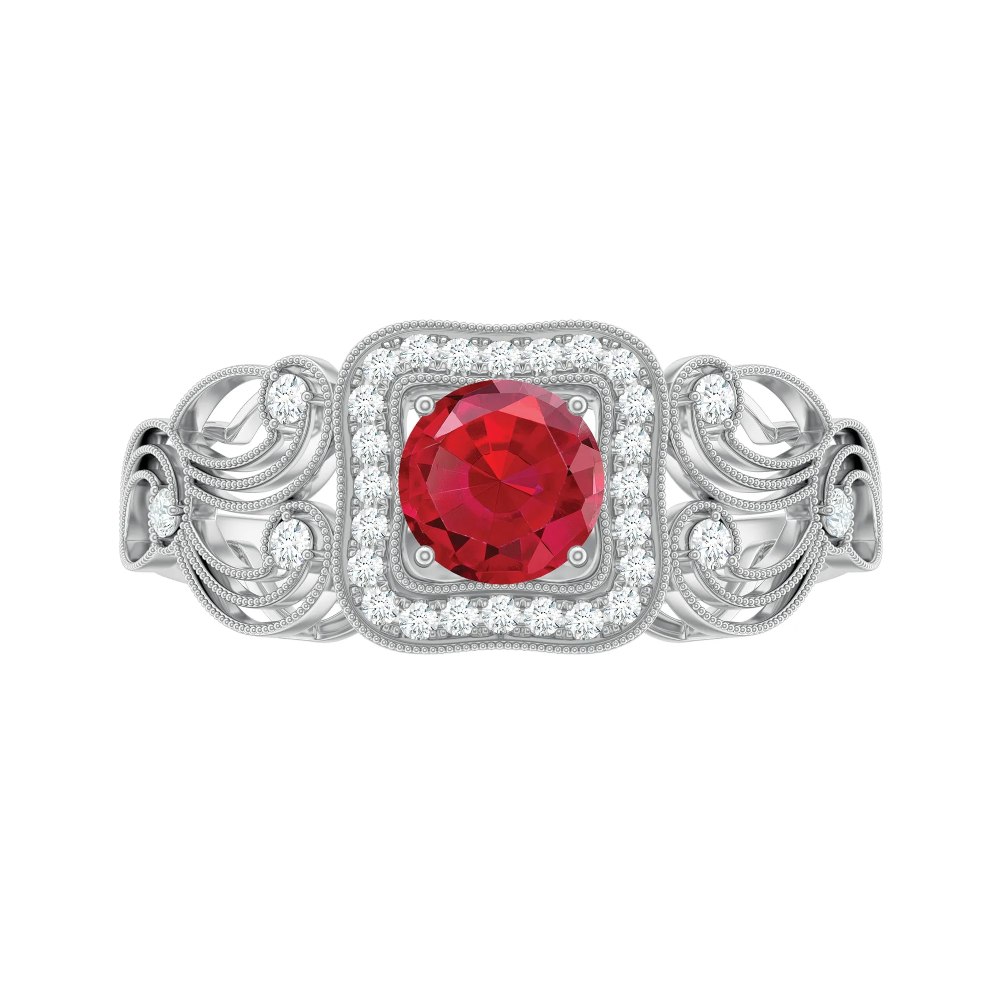 Lab-Created Ruby Vintage Style Engagement Ring with Diamond