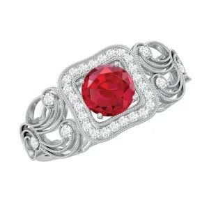 Lab-Created Ruby Vintage Style Engagement Ring with Diamond