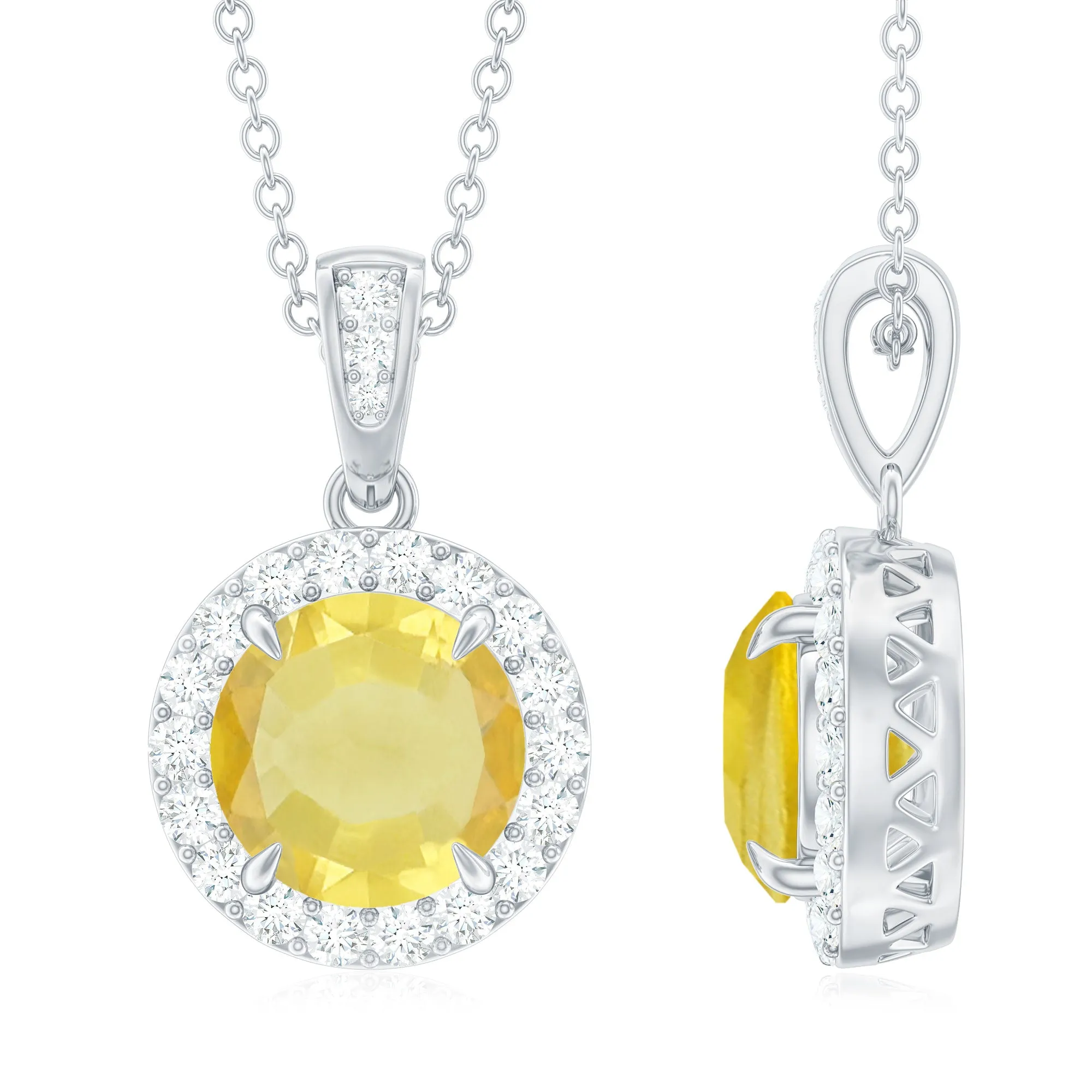 Lab-Created Yellow Sapphire Halo Pendant with Diamond